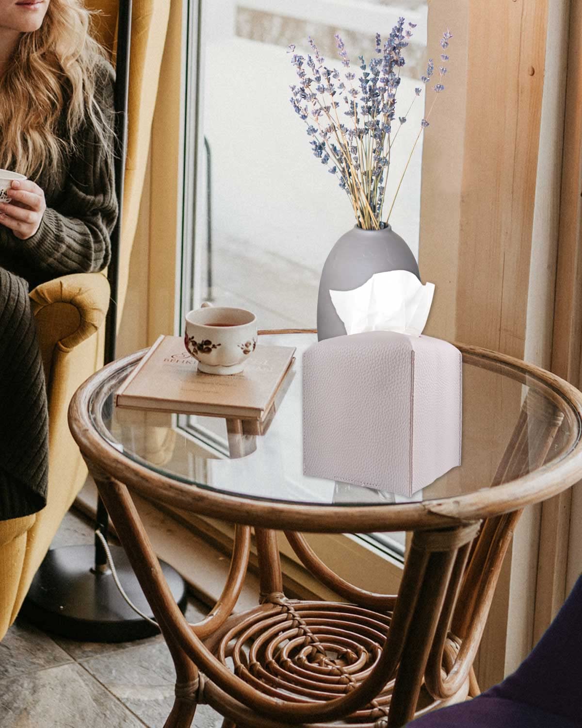 Light Purple Tissue Box Cover Square - With Bottom Belt [Jesmini] Modern Pu Leather Tissue Box Holder Decorative For Bathroom Va