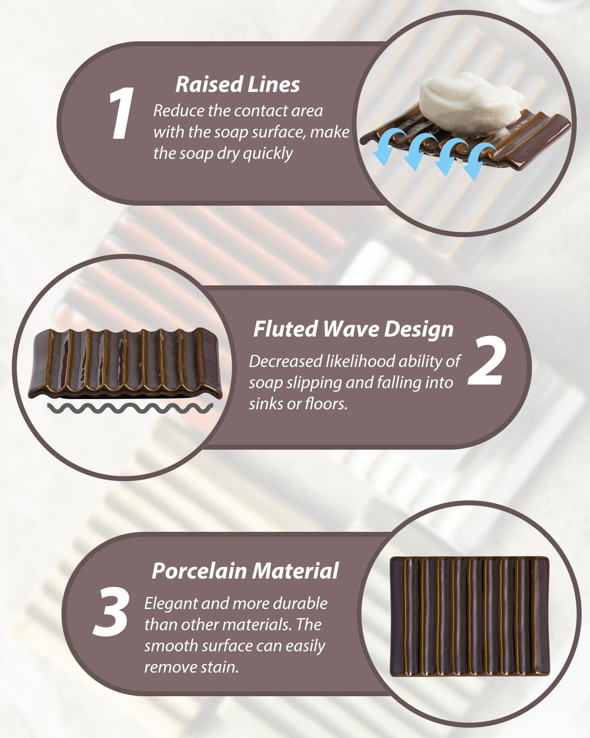 Bar Soap Holder Ceramic Soap Dish Japanese Style For Countertop & Saver For Shower Sink And Kitchen, With Self Drain, Lift Soap