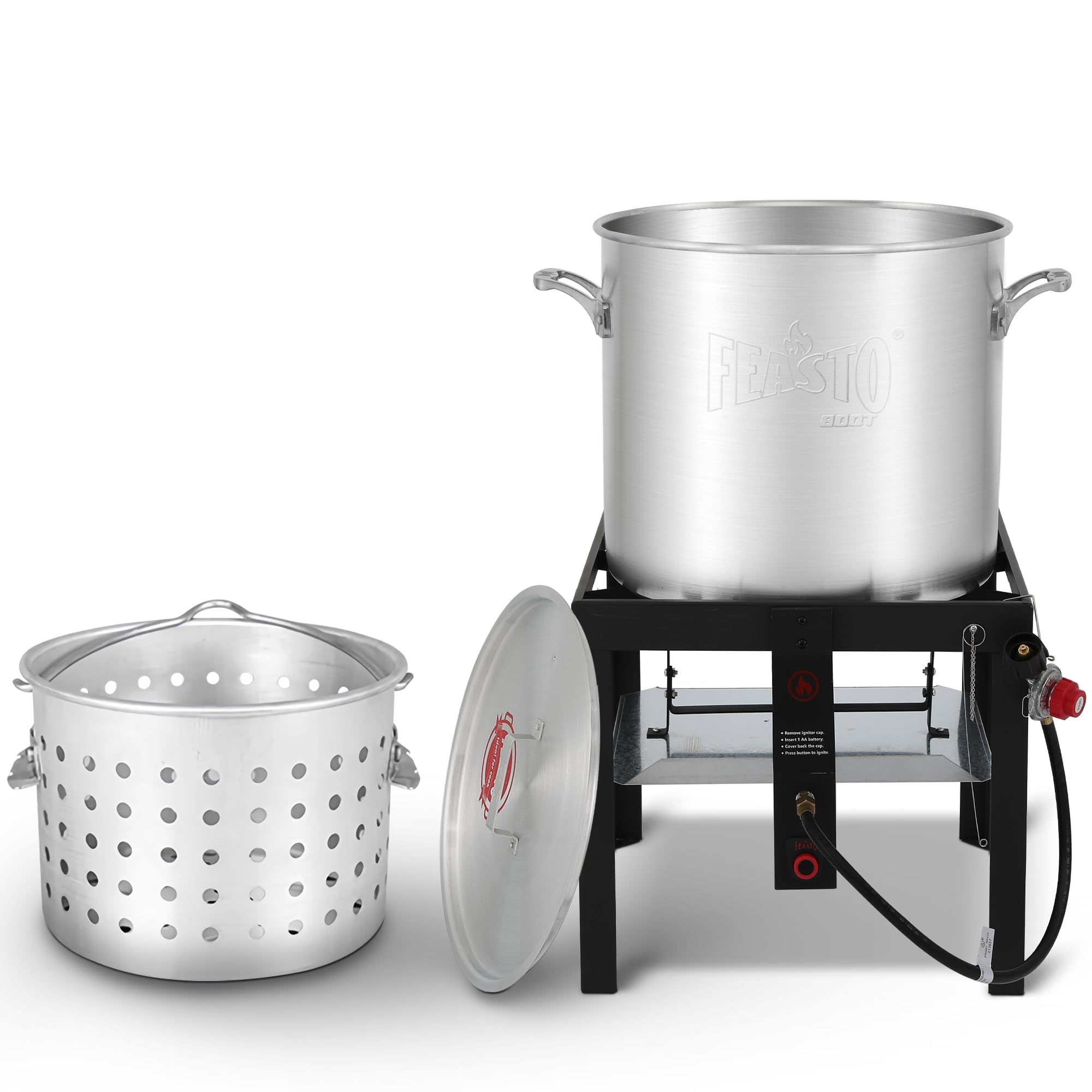 Feasto 100 QT Seafood Boil Pot with Basket and Burner, Aluminum Seafood Boil Pot and Burner Kit with 100,000 BTUs Output and 10 