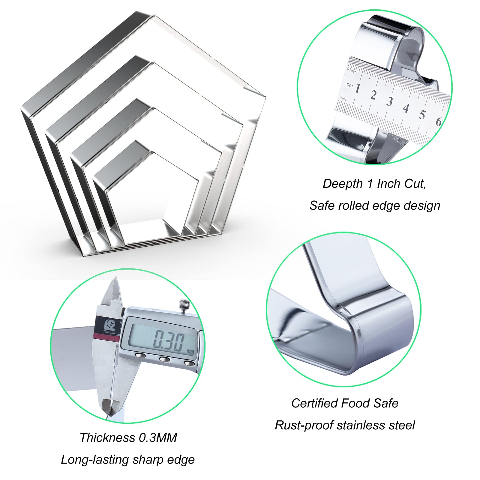 Pentagon Cookie Cutter Set Large - 5 Inch, 4 Inch, 3 Inch, 2 Inch - Geometric Cookie Cutters Shapes Molds - Stainless Steel