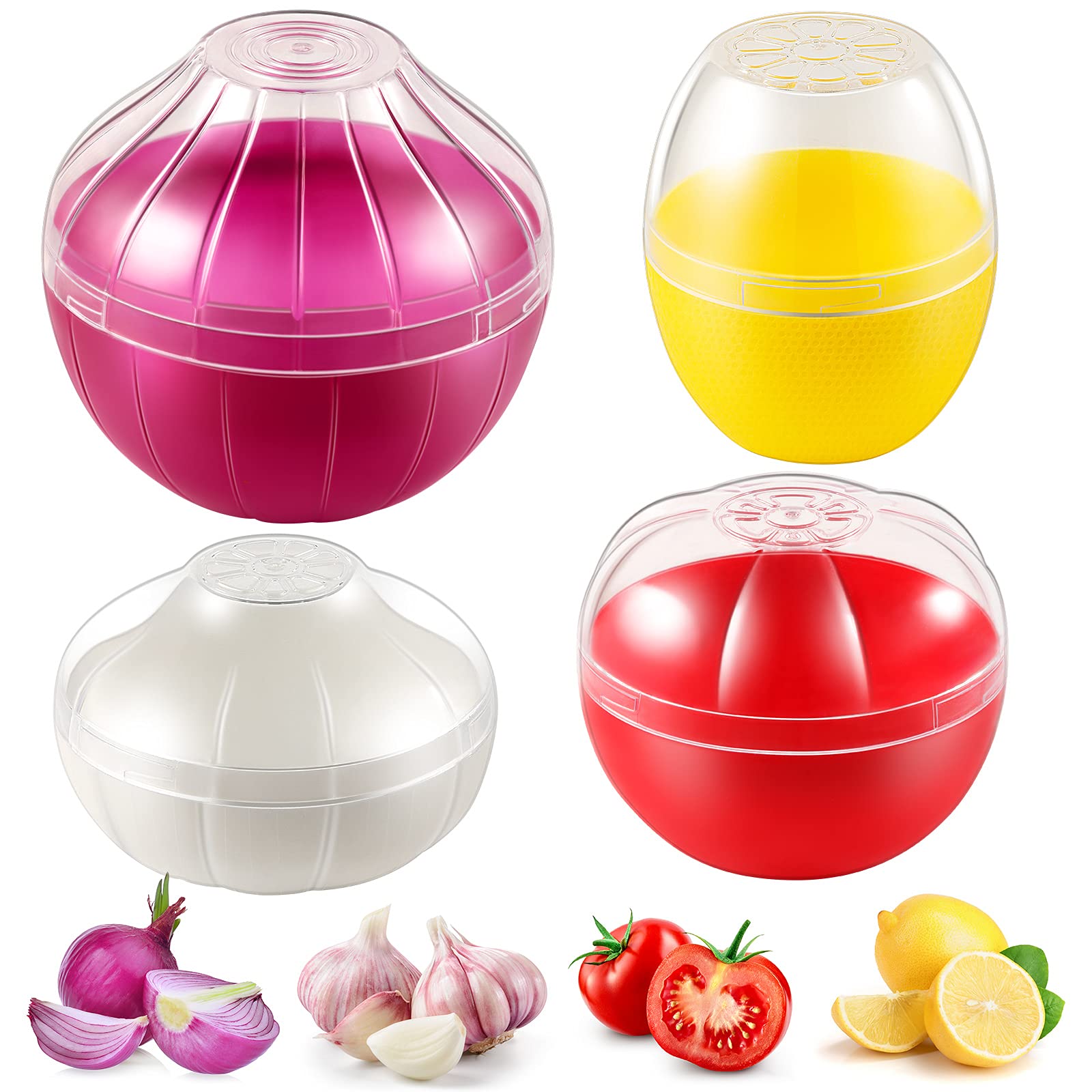 Vegetable And Fruit Storage Containers For Fridge, 4 Pcs Bpa Free Reusable Food Saver - Tomato, Garlic, Onion, Lemon Keeper Hold