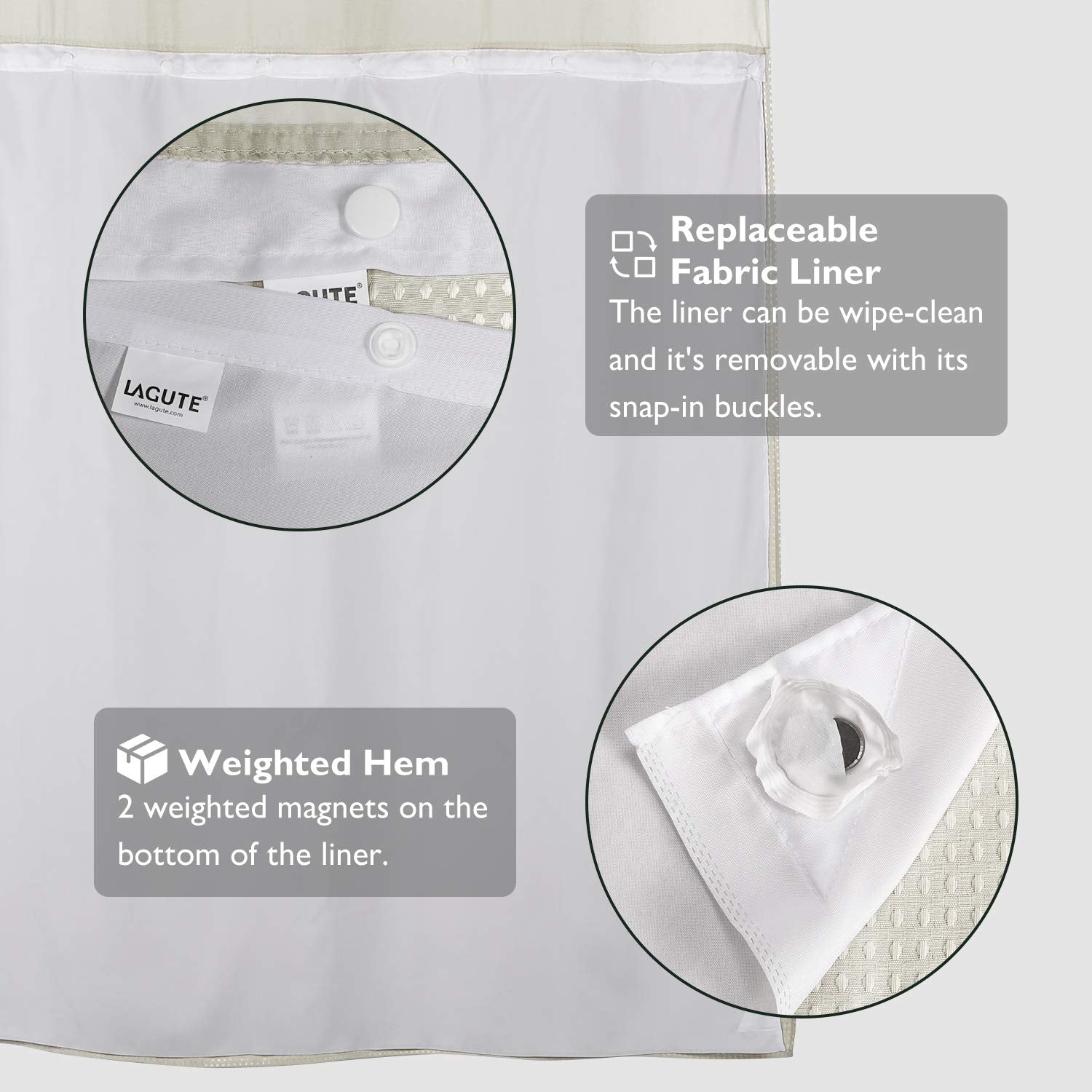 Lagute SnapHook Waffle Weave Fabric Hook Free Shower Curtain with Snap-in Liner  Extra Long Heavy Duty Bath Curtain with See Through Top  Hotel Grade  Machine Washable  71Wx84L  Cream