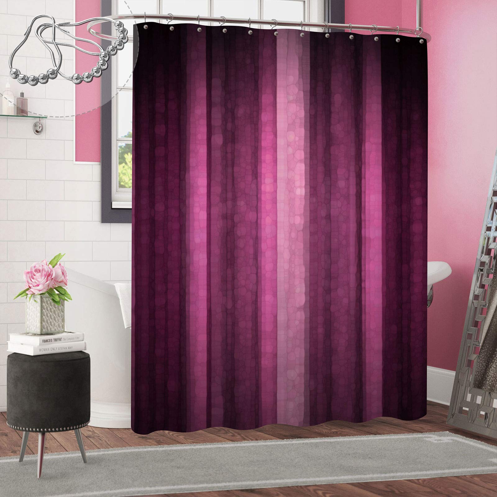 Gibelle Pink Striped Shower Curtain, Hot Pink Neon Pink Cute Shower Curtain Set With 12 Hooks, Abstract Mosaic Glass Texture And