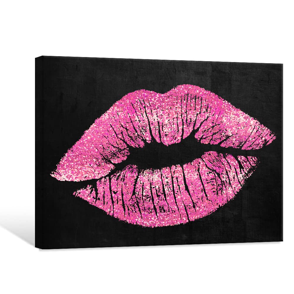 7Canvas Black And Pink Lips Canvas Wall Art Fashion And Glam Poster Sexy Lip Picture Gallery Wrap For Bathroom Bedroom Makeup Ro