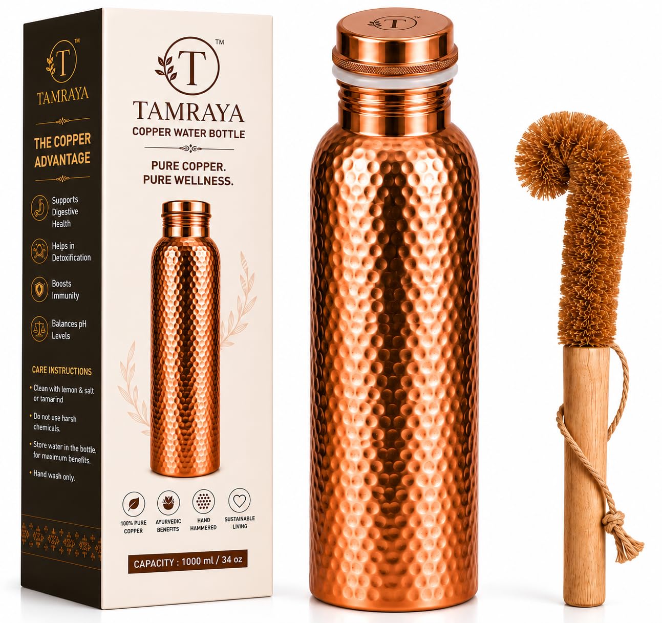 Tamraya Pure Hammered Copper Water Bottle 34 oz (1000 ml) with Cleaning Brush | 100% Pure Copper | Leakproof Ayurvedic Drinking 