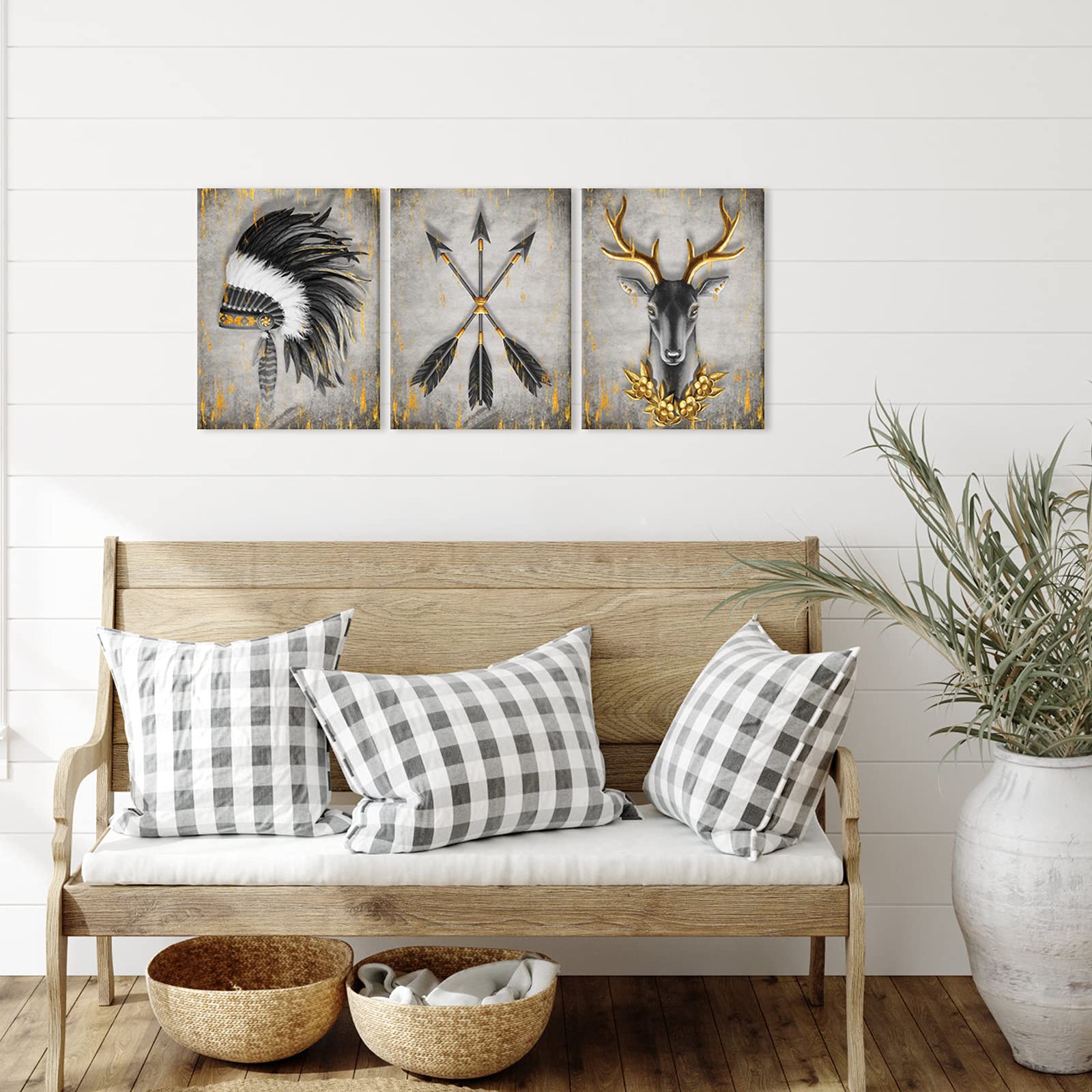 Kalormore Black White And Golden Indian Pictures Native American Chief Headdress Arrow Deer Canvas Wall Art Wildlife Safari Pain