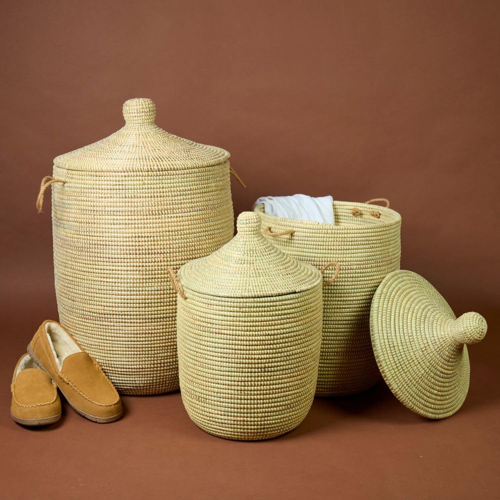 Laundry Basket - Set Of 3, Natural Beige | Blanket Basket - Living Room, Clothes Hamper - Bed Room, Toys Bin - Nursery | Round,