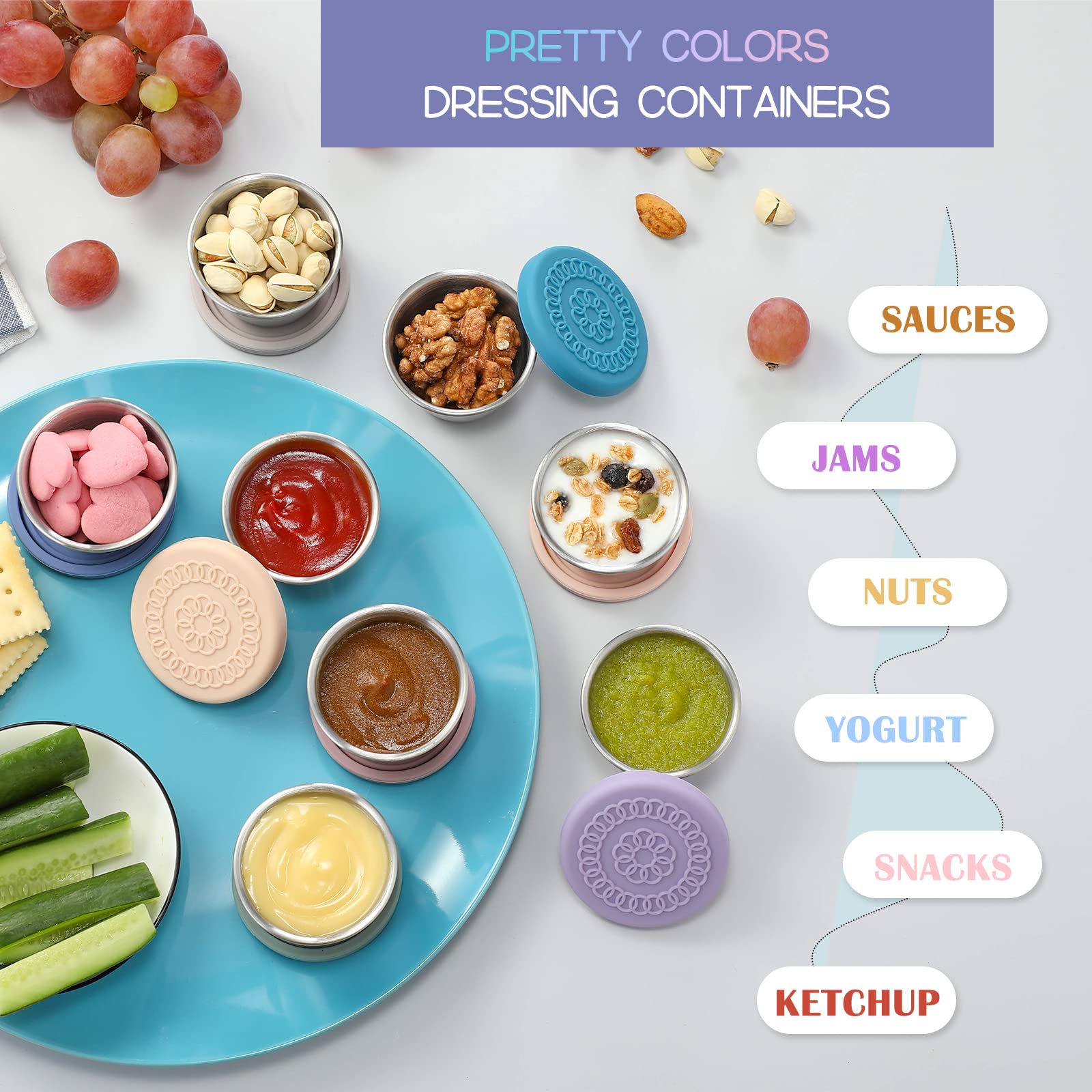 [8 Pack] Salad Dressing Container To Go, 2.4Oz Small Condiment Containers With Leakproof Silicone Lids, Reusable Stainless Steel