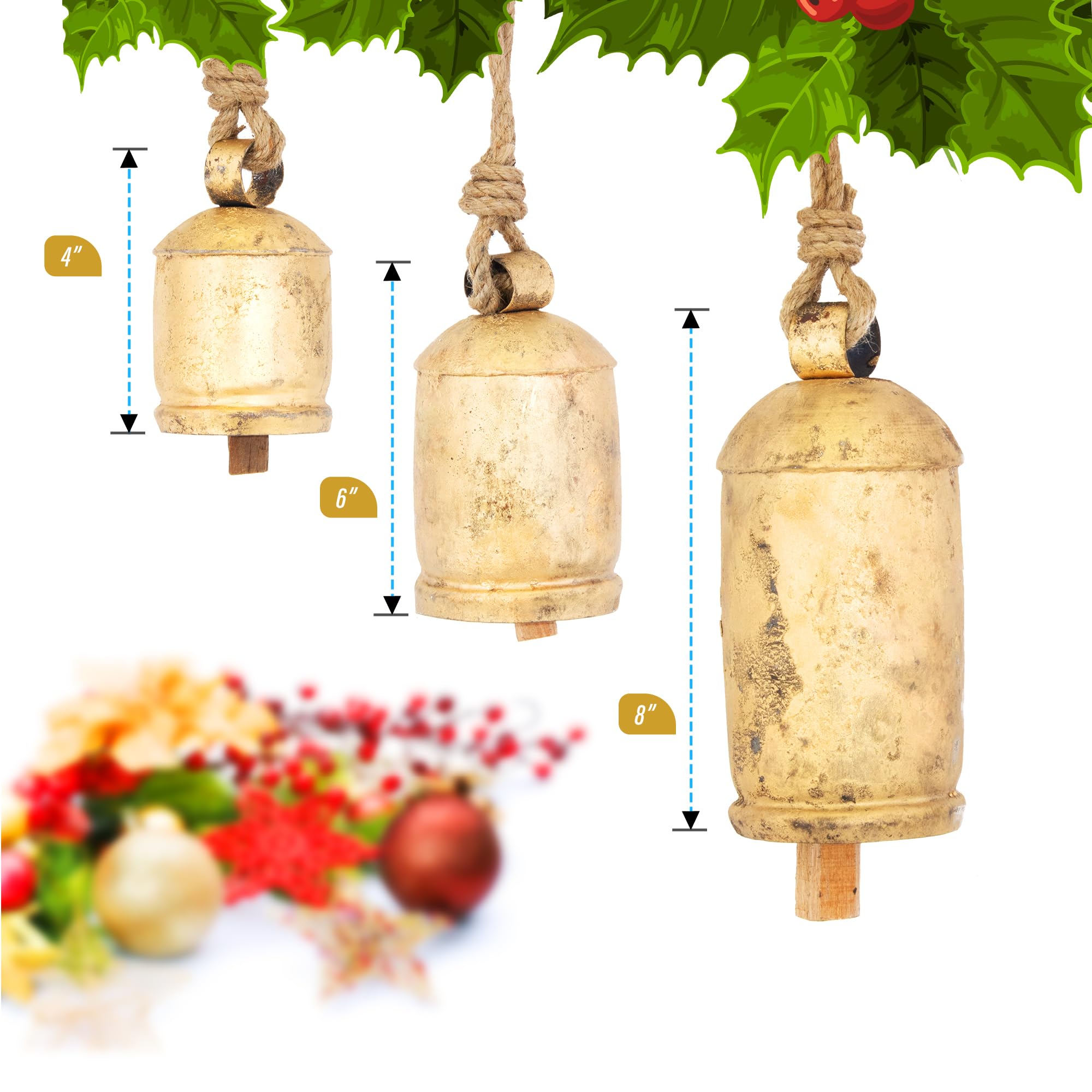 Vintage Rustic Cow Bell Christmas Set - Shabby Chic Holiday Decor - 3 Bells in Various Sizes (4, 6, 8 H) Create Festive Ambiance