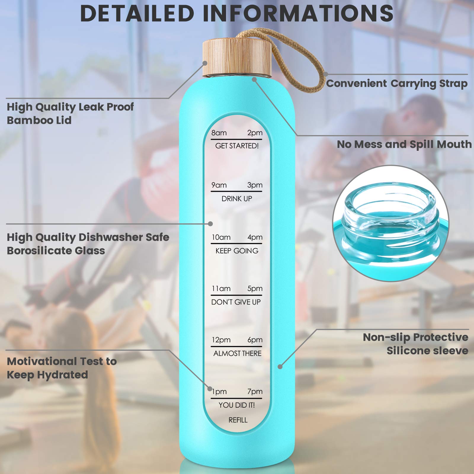 PROBTTL 32 Oz Borosilicate Glass Water Bottle with Time Marker Reminder Quotes  Leak Proof Reusable BPA Free Motivational Water Bottles with Silicone Sleeve and Bamboo Lid