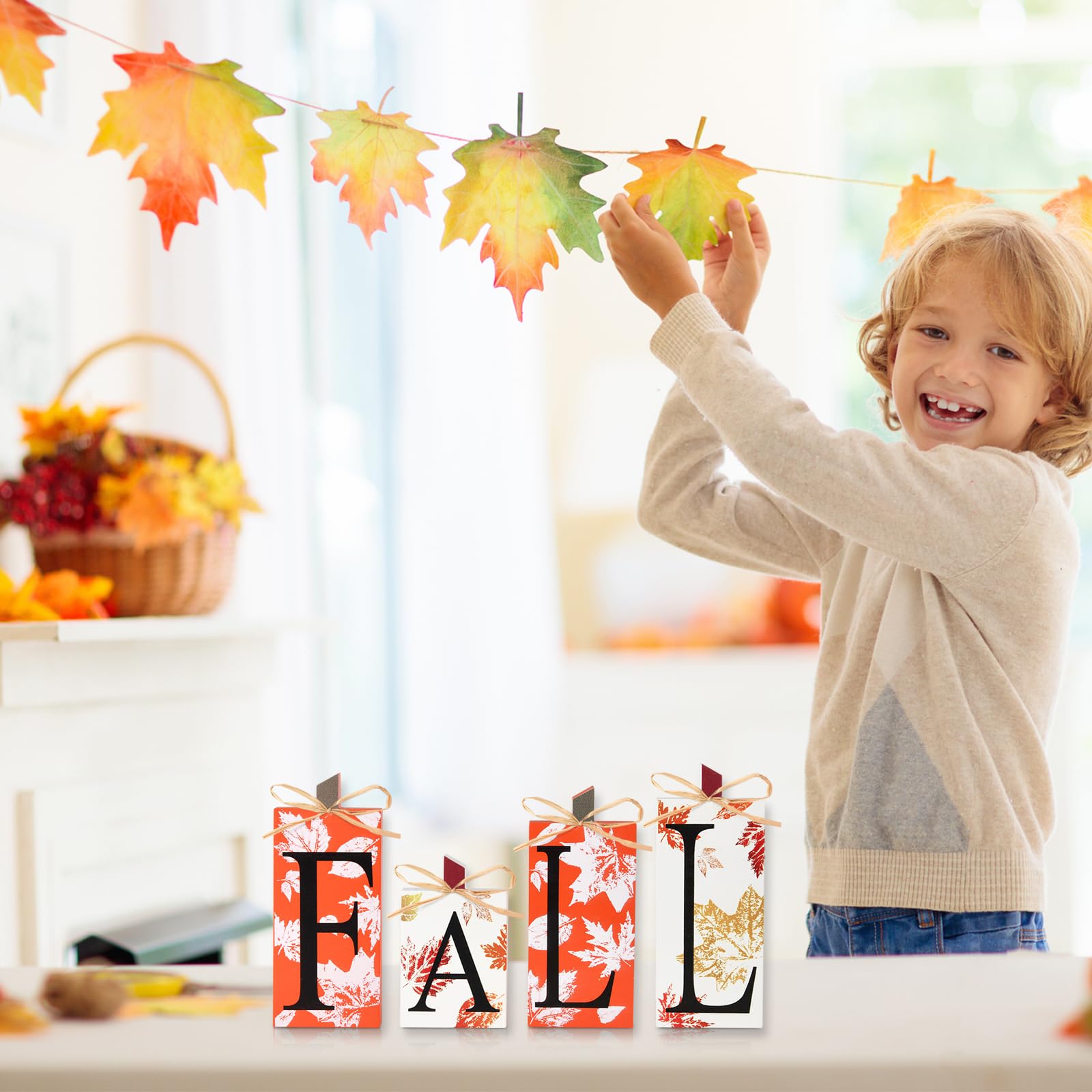 Fall Decorations for Home - 4 PCS Wood Fall Lettered Pumpkin Sign Block Set Autumn Centerpieces Decor for Tables Tabletop Desk T
