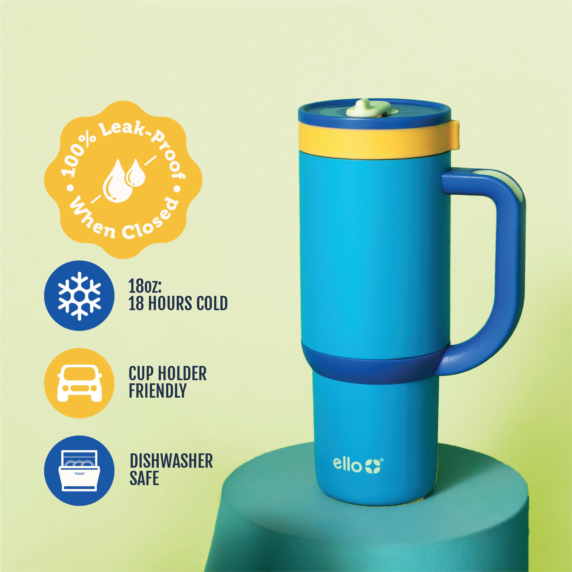 Ello Oasis 18oz Kids Tumbler - Leakproof Stainless Steel Cup with Handle & Straw, Glacier Color, Model 466-1801-002-8A