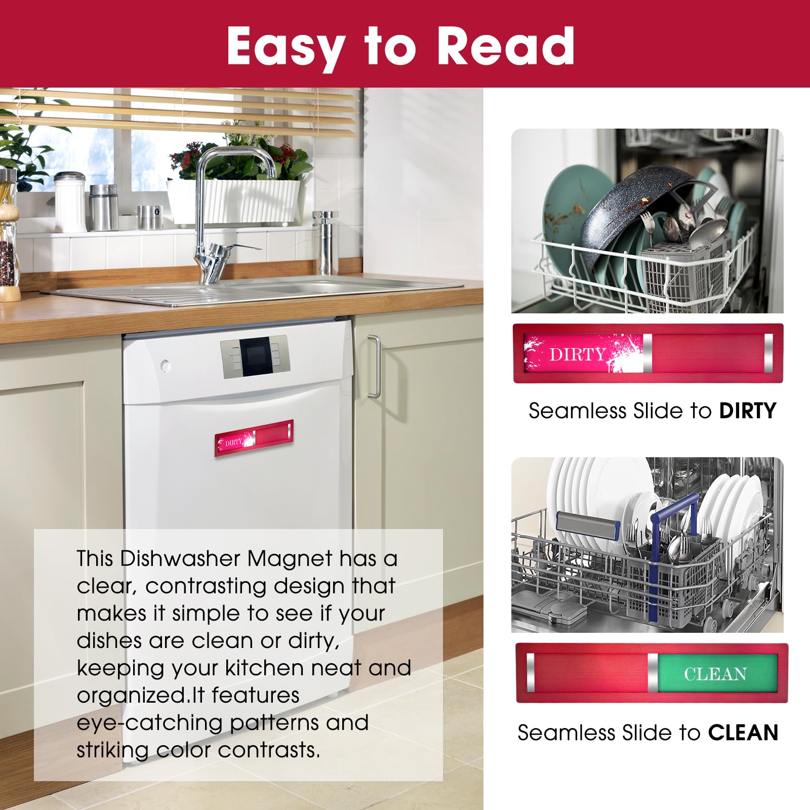 Christmas Red Dishwasher Magnet Clean Dirty Sign - Festive Clean/Dirty Indicator with 304 Stainless Steel Magnet & Strong Adhesi