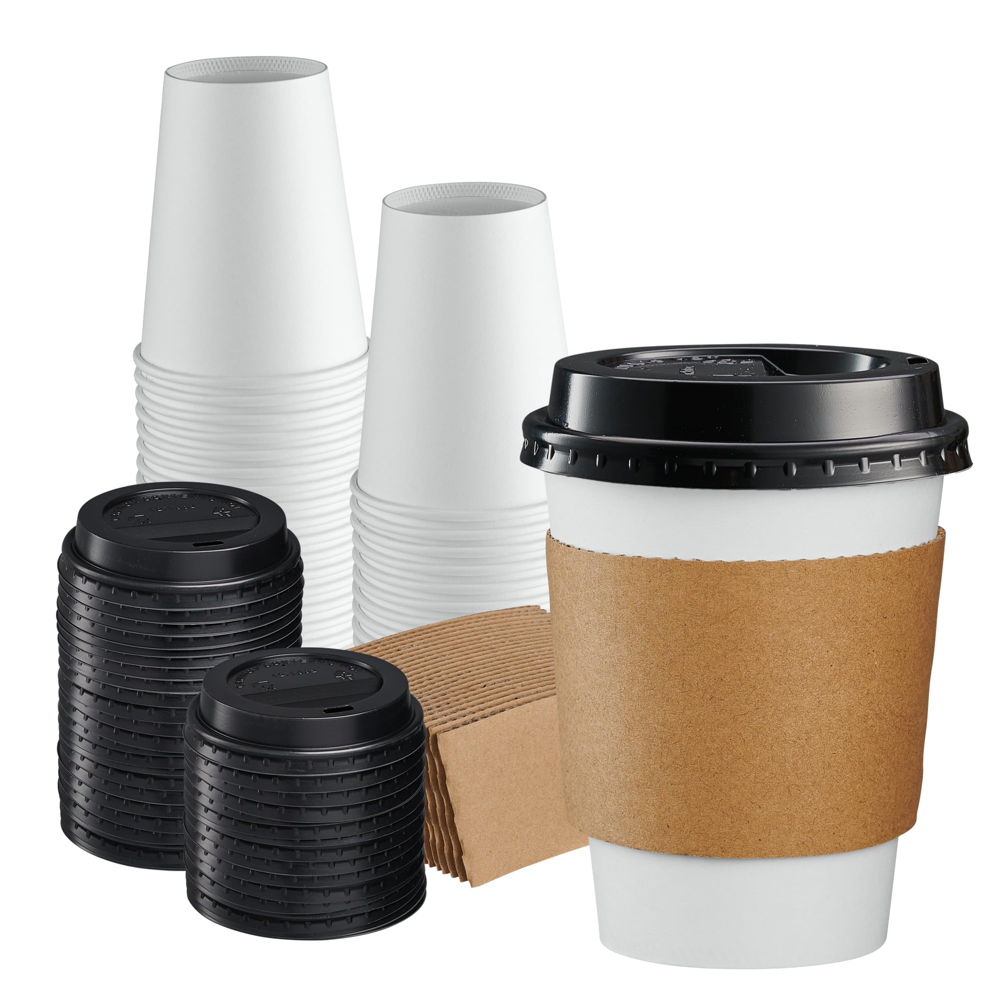 GUSTO [12 oz.  50 Sets Disposable Coffee Cups with Lids and sleeves  To Go Paper Hot Cups for Travel and Office Use  Formerly