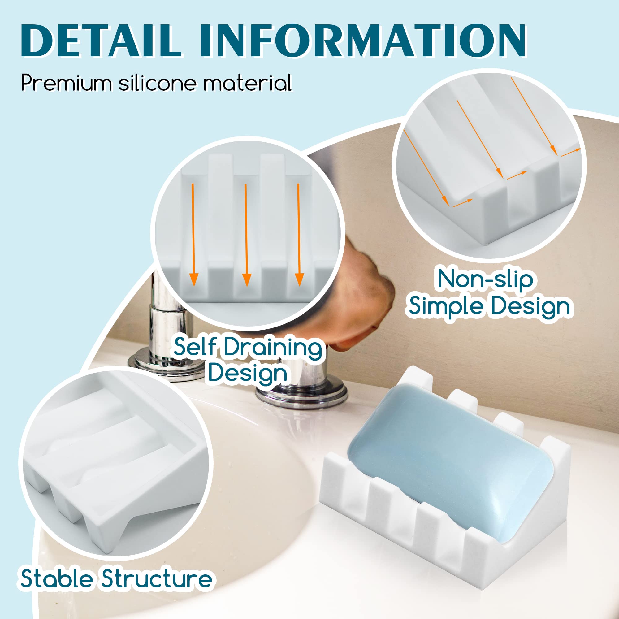 Silicone Soap Dish for Bar Soap Holder for Shower Bathroom Self Draining Waterfall Drying Tray Keep Soap Bars Dry Clean & Easy Cleaning (White  2) Btbfami Soap Dishes