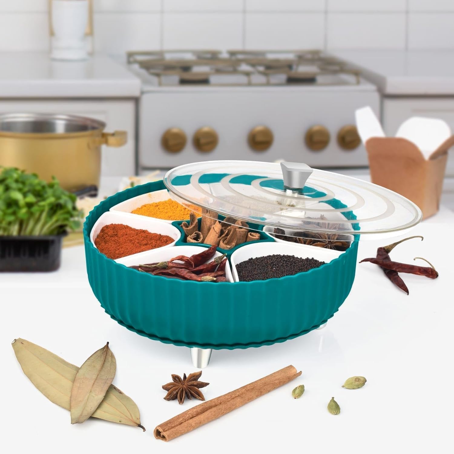 Hentj Masala Box For Kitchen, 360 Revolving Eligant Spice Box, 7 Section Spices Storage Containers, Rangoli Dabba Box SetGreen