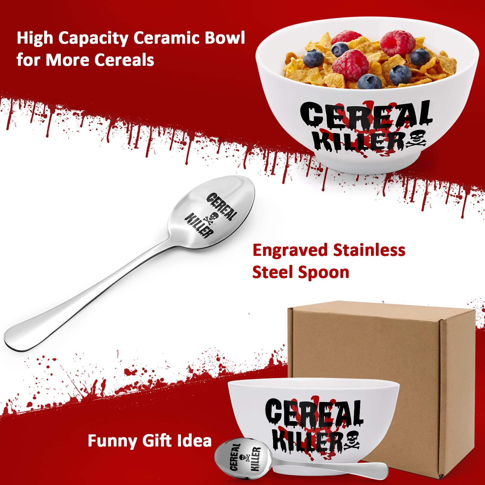 Nefelibata Cereal Killer Bowl and Spoon Set 23 oz Fathers day Mans Birthday Retirement Engraved Funny Gift Box Basket for Him