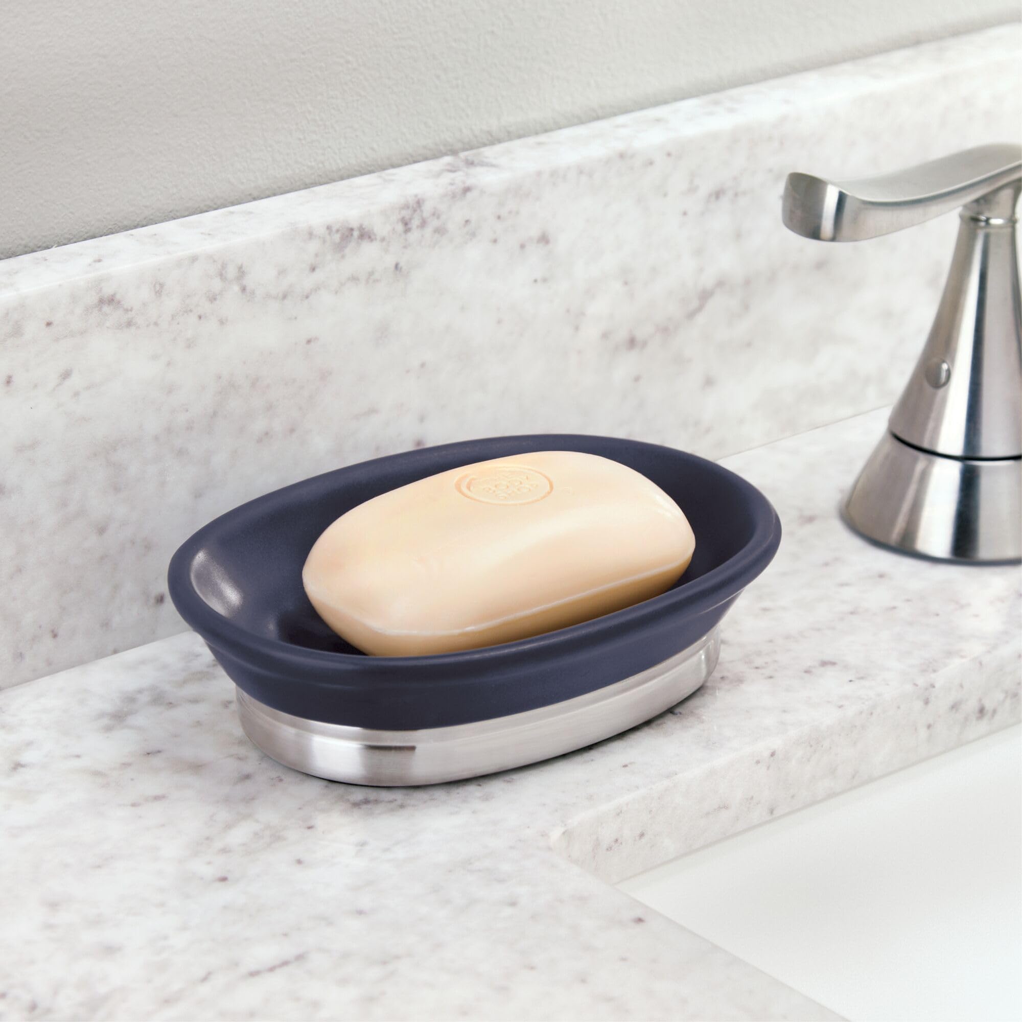 Idesign Ceramic And Steel Bar Holder, The York Collection Soap Dish, Matte Navy/Brushed Nickel