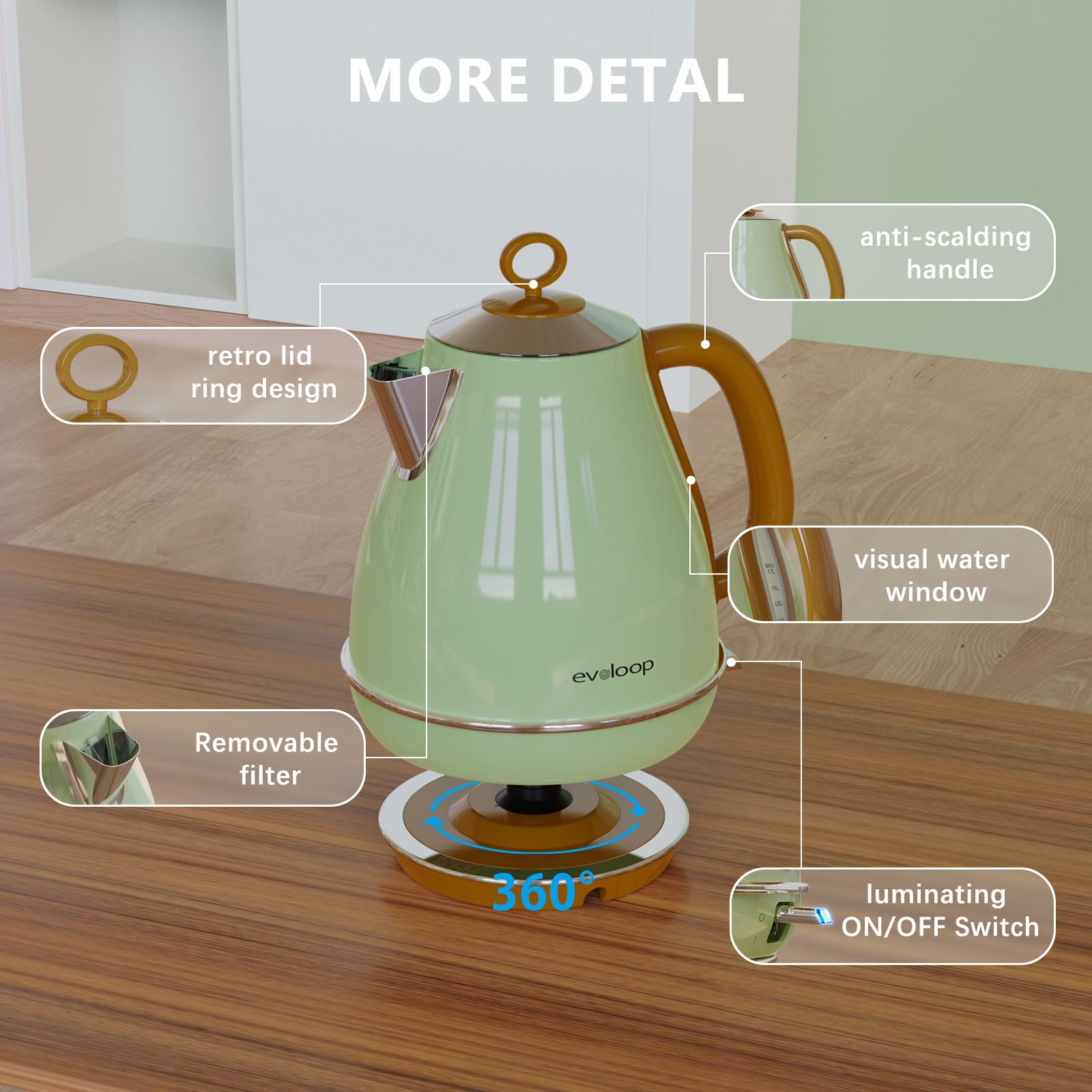 Evoloop 1.7L Electric Kettles, Bpa Free Tea Kettle, Hot Water Boiler Heater, Stainless Steel Teapot, Auto Shut-Off & Boil-Dry Pr