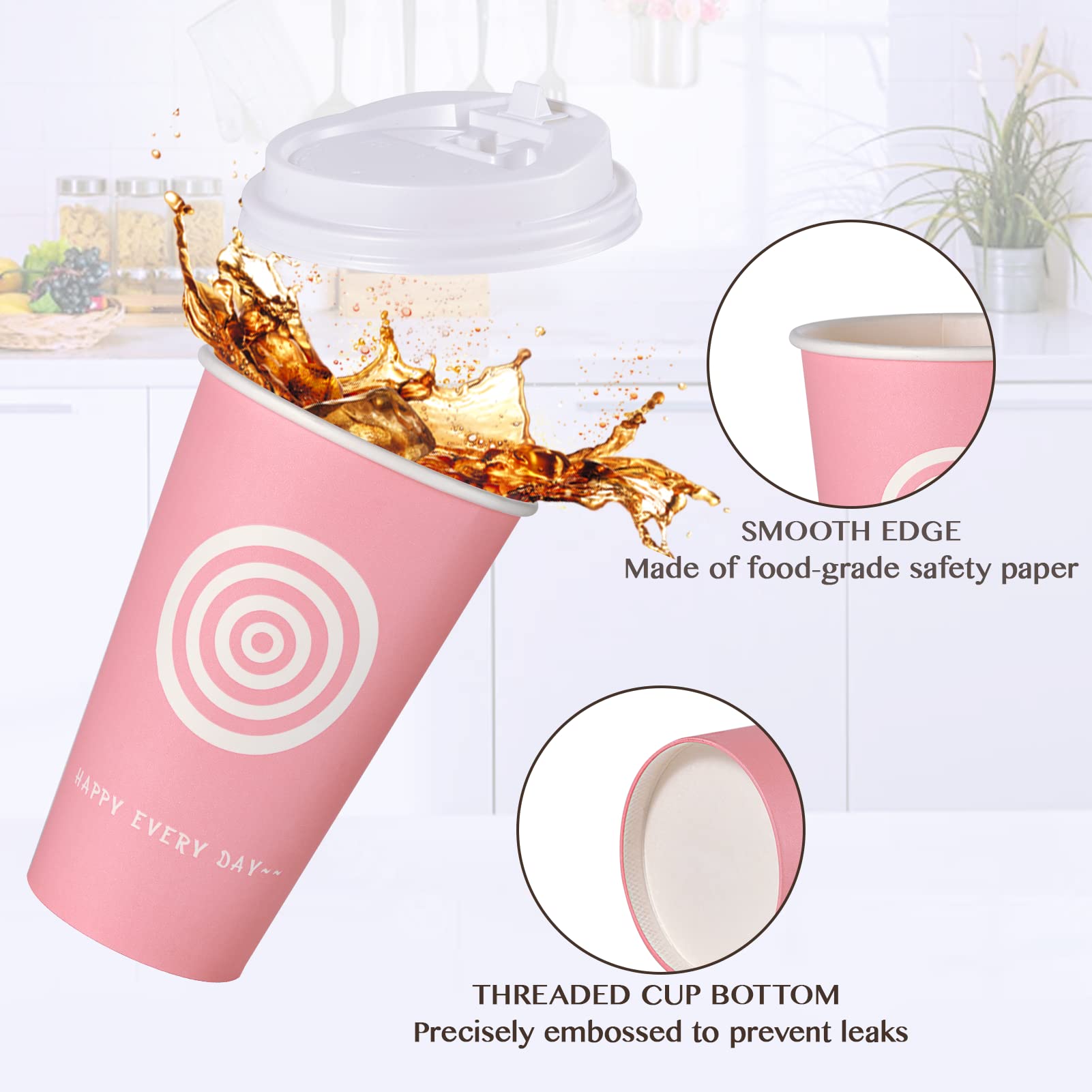 JollyPack 16 oz Paper Cups  100 Pack Disposable Coffee Cups with Lids and Stirrers  Hot Paper Cups for Cold/Hot Coffee  Juice  Tea. To Go Coffee Cups for Home  Store and Cafe (Pink and Green)