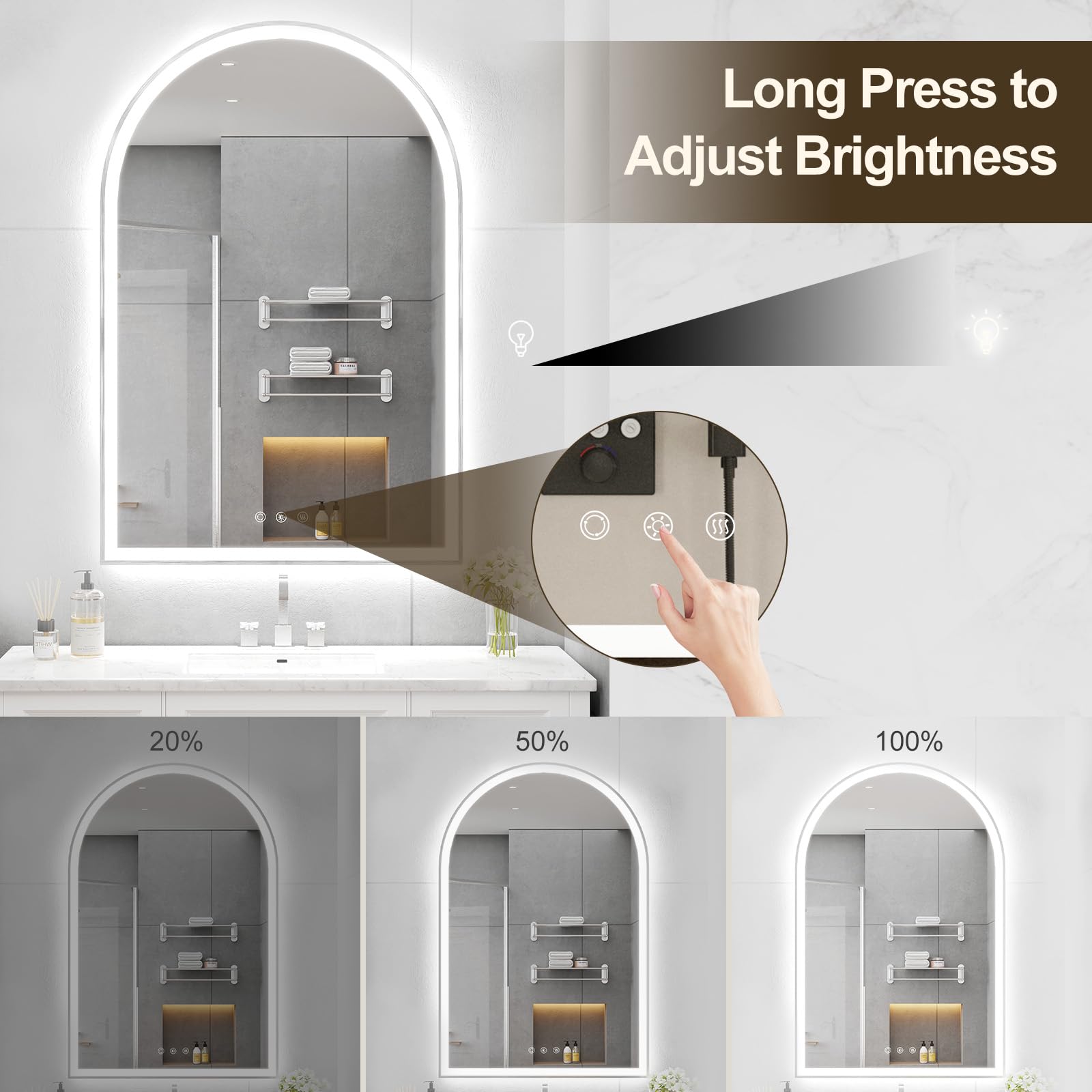 Oumusu Arched Led Bathroom Mirror 24''X36'' With Front And Backlight, Brushed Nickel Bathroom Mirror With Lights-Anti-Fog, Dimma