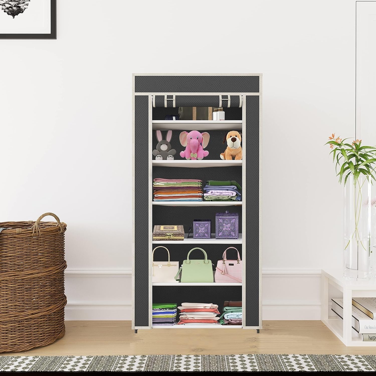 Maison & Cuisine 6 Layer Multipurpose Collapsible Almirah Wardrobe With Plastic Frame And Non Woven Fabric Cover (Grey)