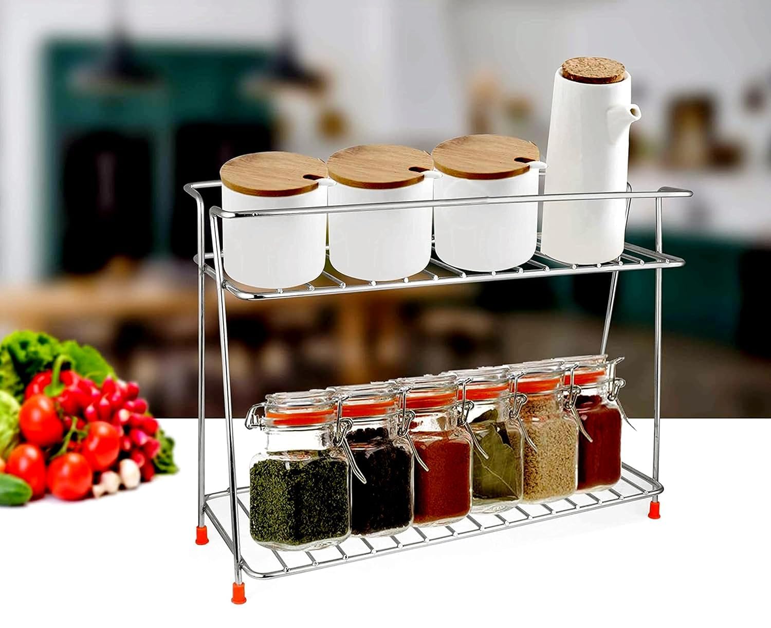 Ivaza Kitchen Shelf Organizer Rack  2Tier Stainless Steel Storage Stand For Spices, Sauces, And Jars  Multipurpose Countertop