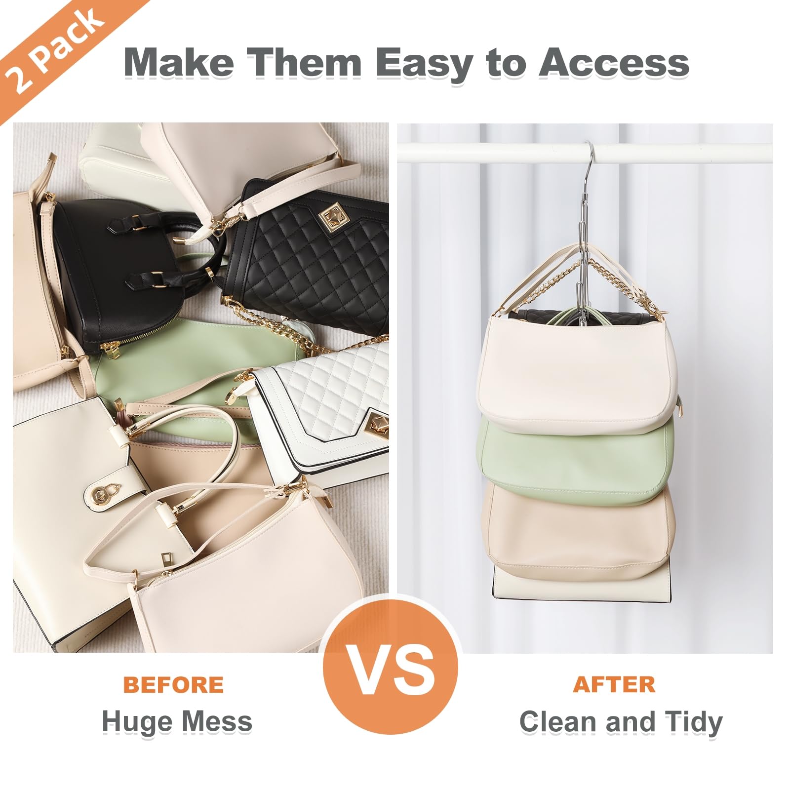 Topia Hanger Purse Hanger Organizer For Closet, 2-Pack Handbag Organizer Hanger, 360Swivel Metal Purse Hooks, Bag Rack, Belt Org