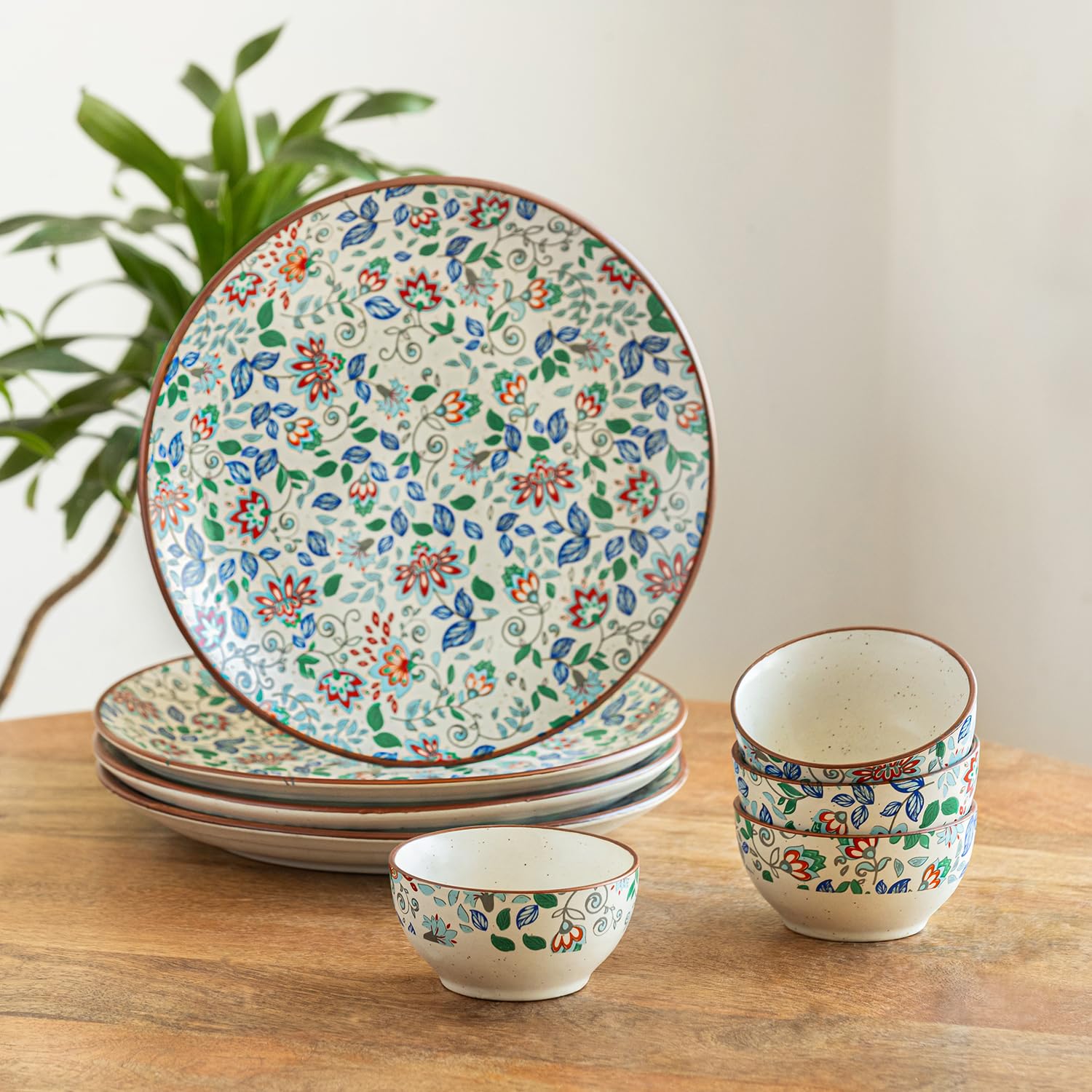 Exclusivelane 'Spring Garden' Handcrafted Ceramic Dinner Set Ceramic Dinner Plates And Bowl Set (8 Pieces- 4 Dinner Plates & 4 K