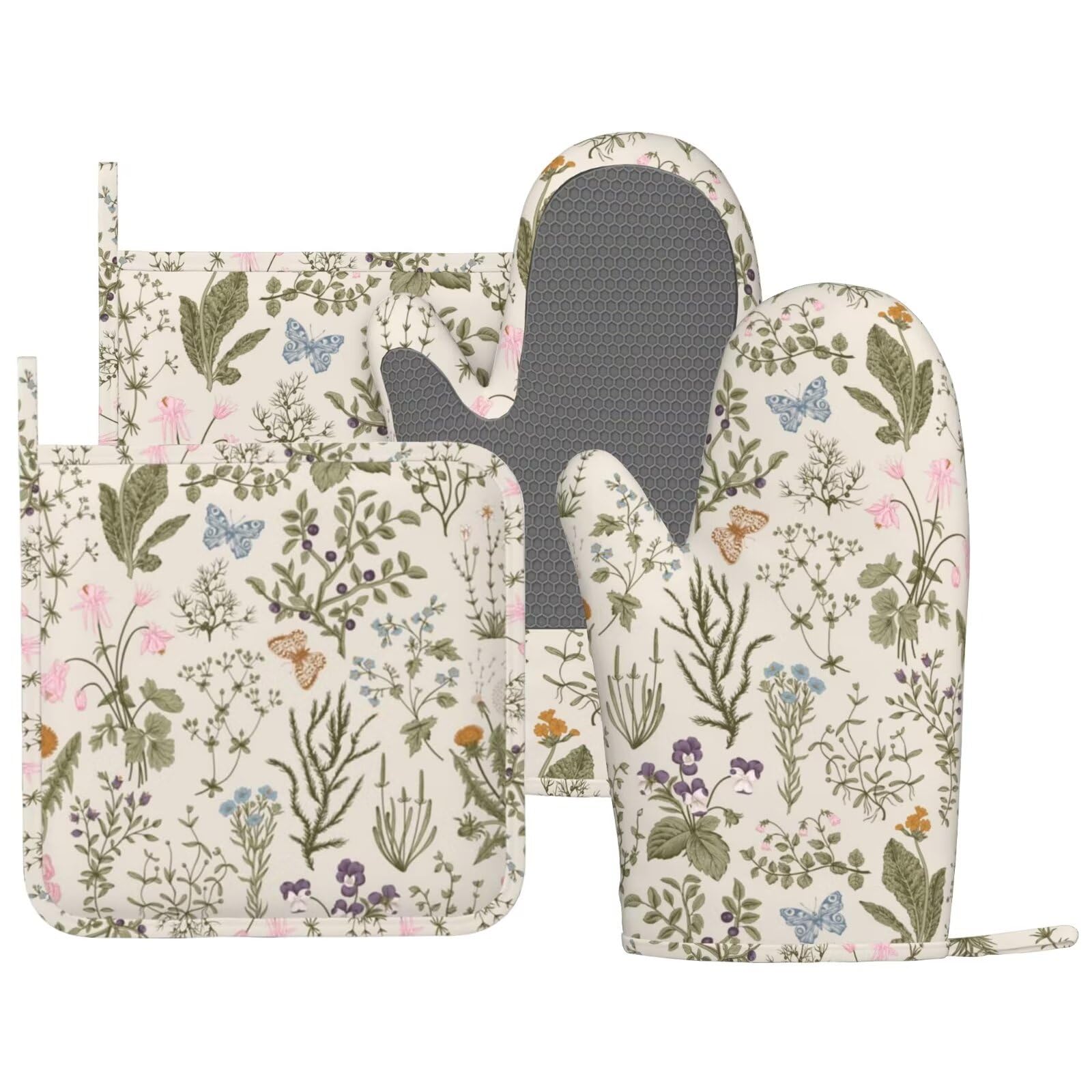 Mifsoiavv Vintage Wildflower Herbs Floral Rustic Butterfly Oven Mitts And Pot Holders Sets Silicone Kitchen Mitts Potholders Hea