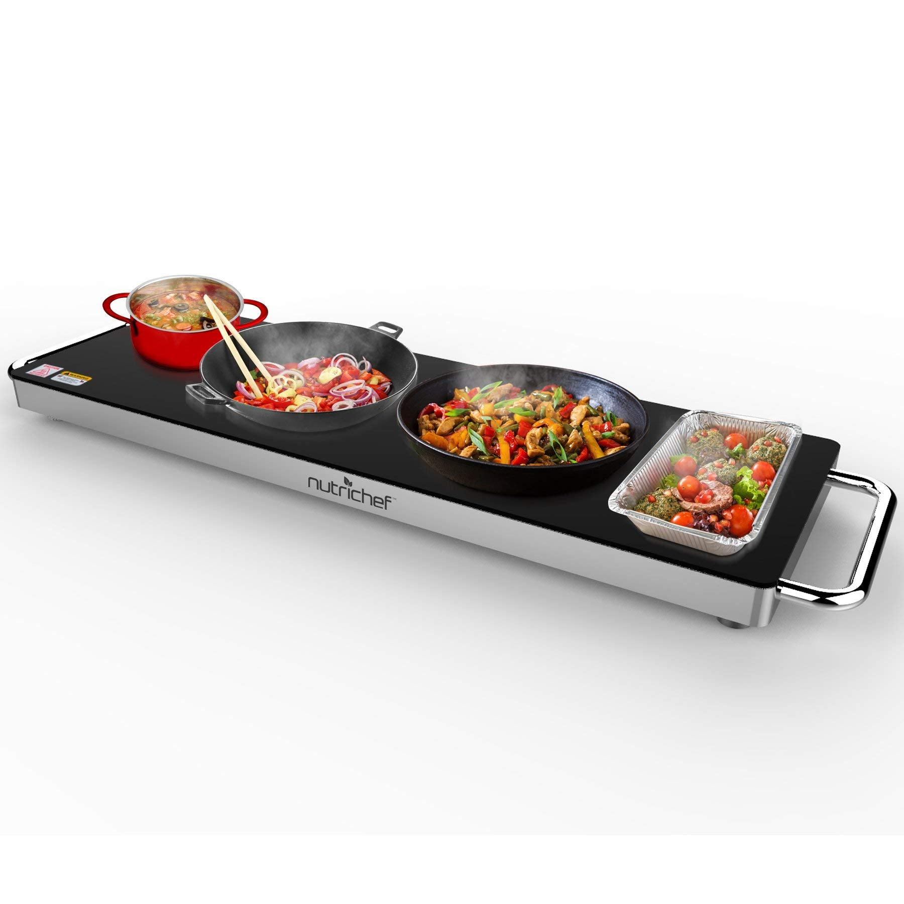 NutriChef Portable Electric Food Hot Plate-Stainless Steel Warming Tray&Dish Warmer with Black Glass Top-Keep Food Warm for Buff
