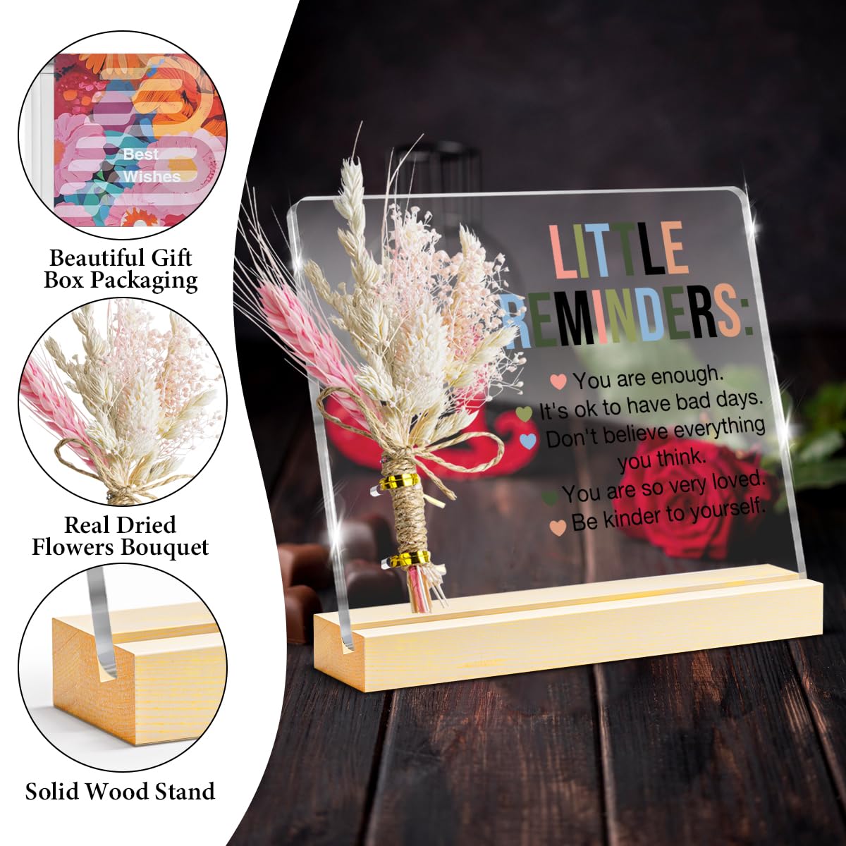 Inspirational Motivational Gifts Little Reminders You are Enough Clear Desk Decorative Sign, Bouquet Acrylic Sign With Wooden St