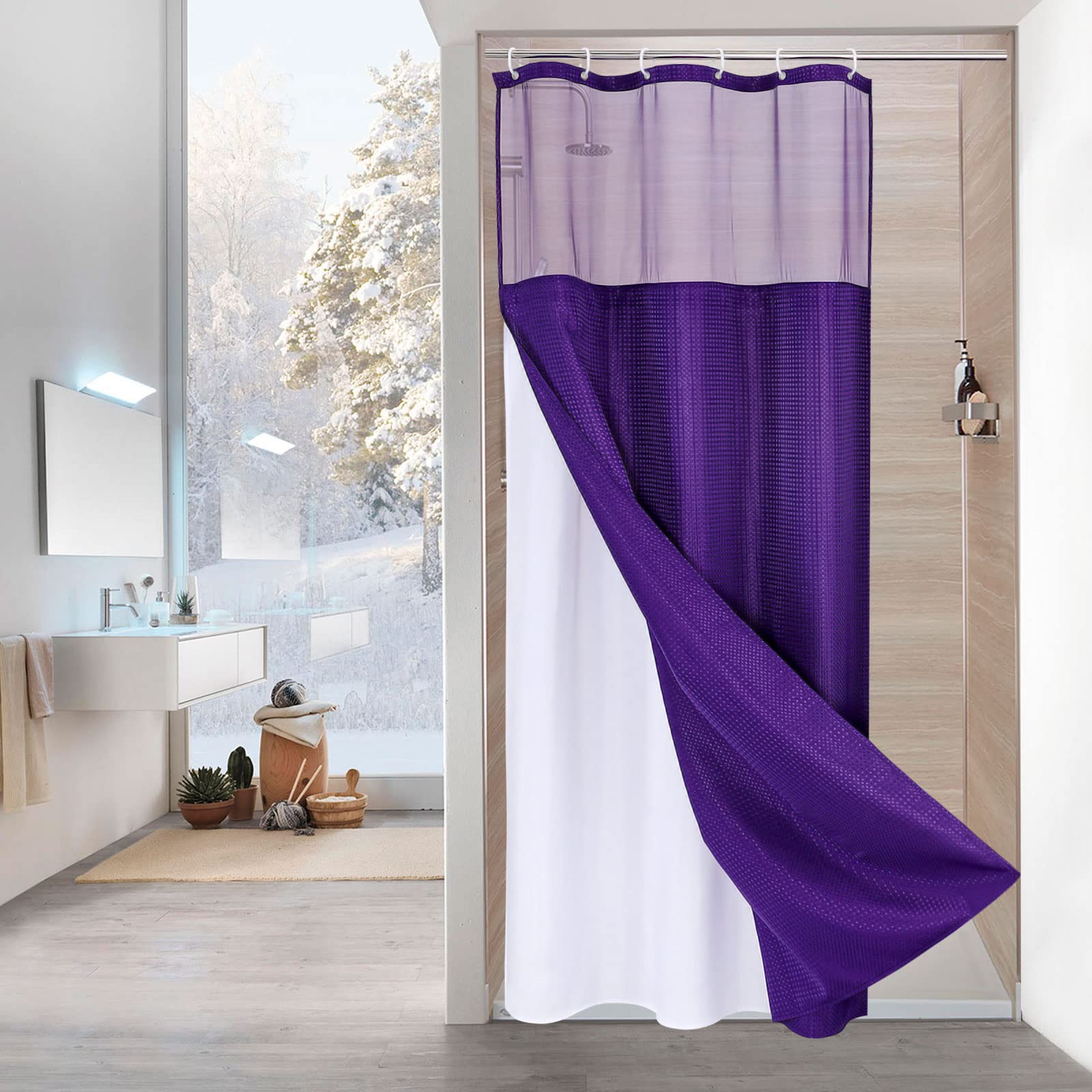 Mitovilla Small Stall Shower Curtain 36 X 72, Half Size Narrow Purple Waffle Fabric Shower Curtain Set With Water-Repellent Snap