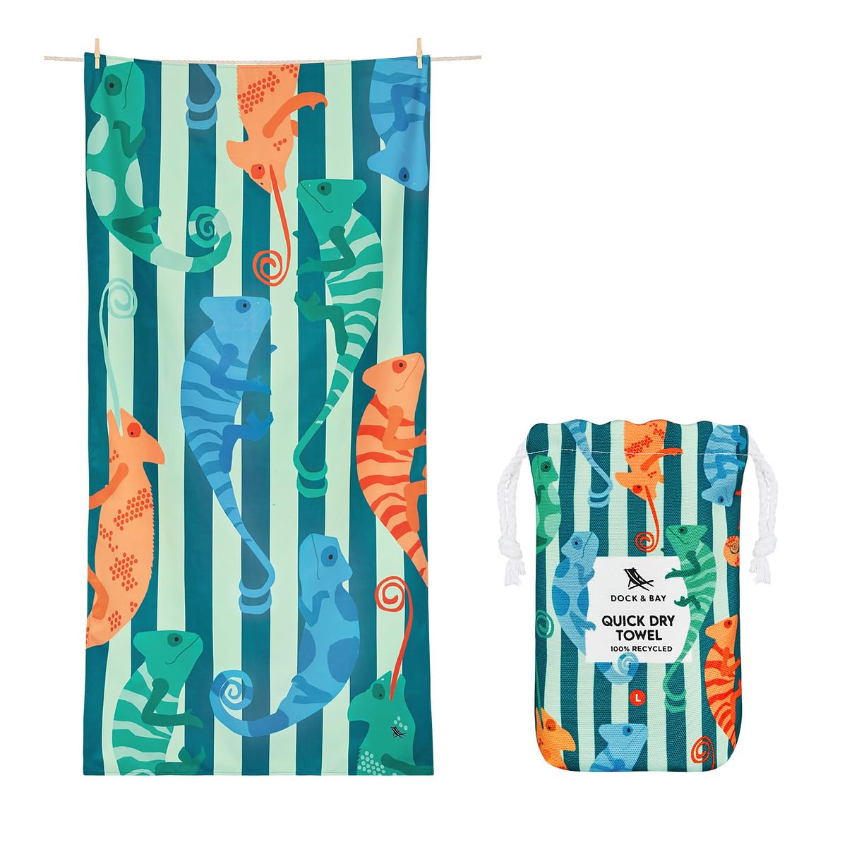 Dock & Bay Beach Towel - Quick Dry, Sand Free - Compact, Lightweight - 100% Recycled - Includes Bag - Karma Chameleon - Large (1