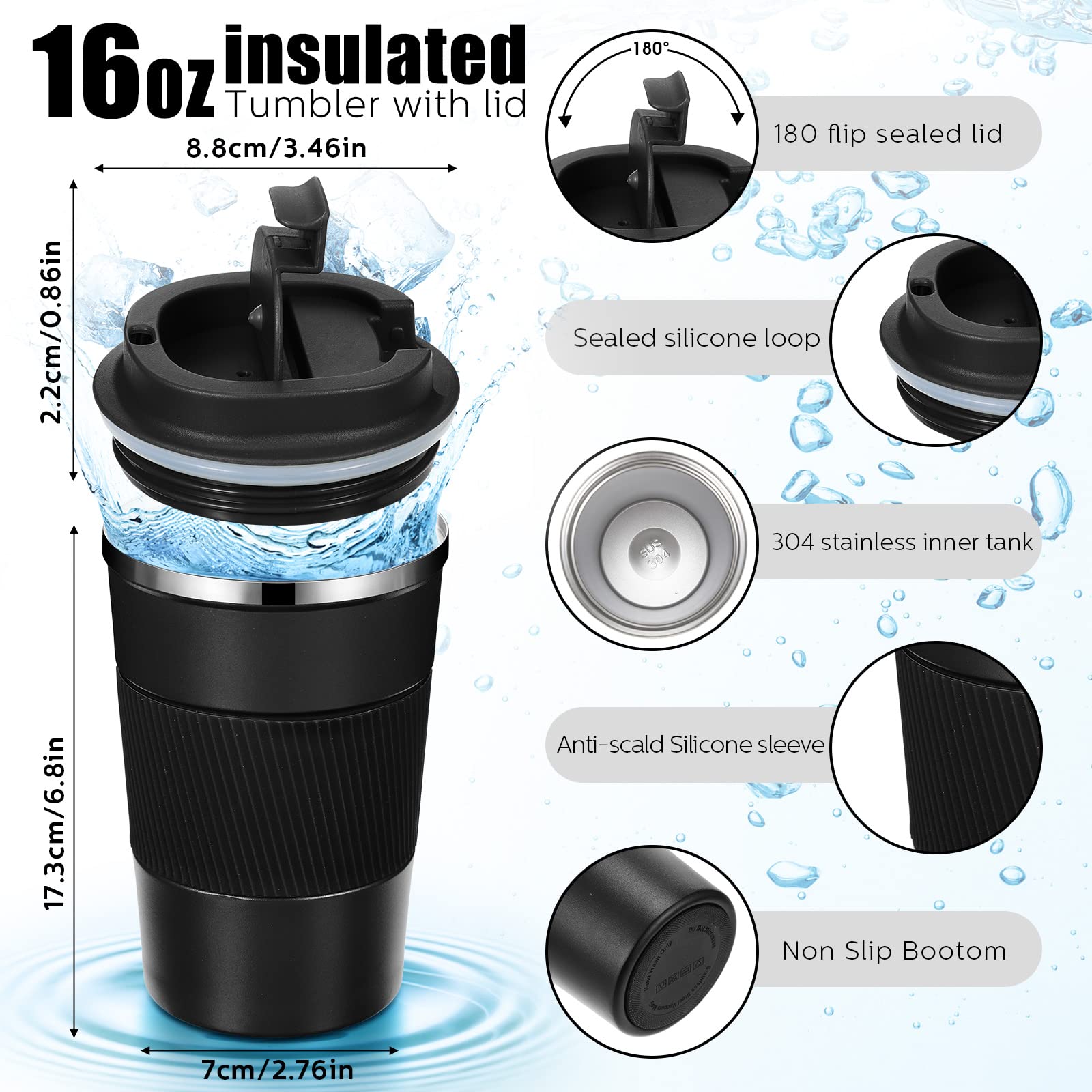 Sabary 4 Pack 16 Oz Stainless Steel Travel Tumbler Bulk Vacuum Insulated Coffee Mug Black Double Wall Thermal Coffee Cup With Li