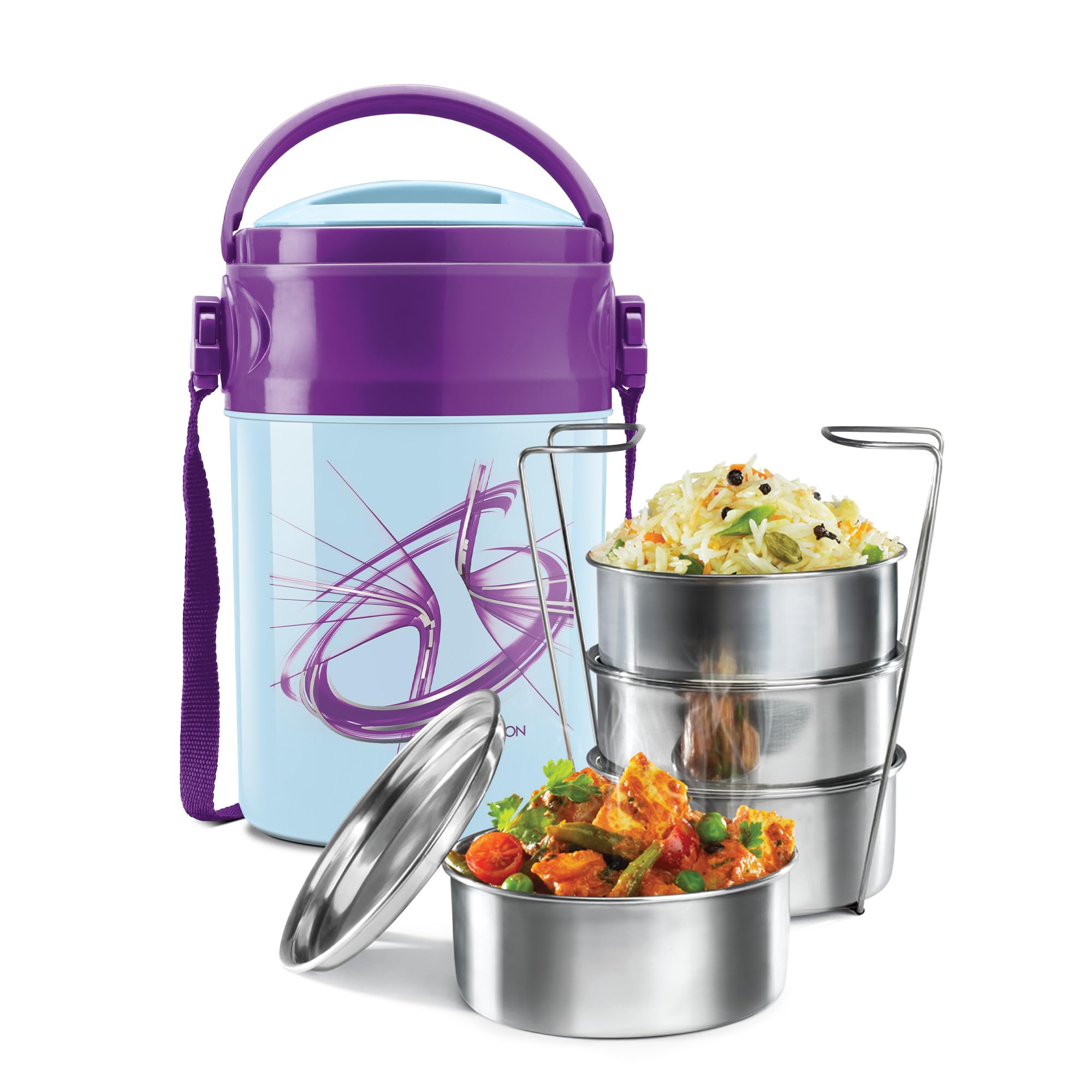 Milton Odyssey Insulated Tiffin, 4 Stainless Steel Containers, 380 Ml Each And 1 Papad Box, 200 Ml, Blue | Pu Insulated | Food G
