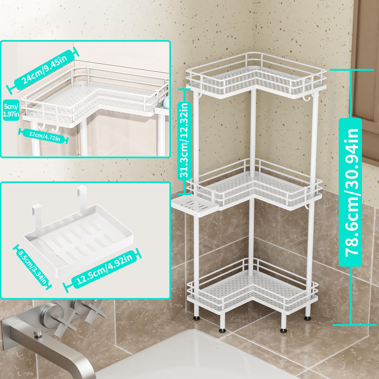 Hapirm Corner Shower Caddy Standing - 3 Tier Shower Organizer Corner With Soap Holder, Rustproof Bathroom Standing Organizer Wit