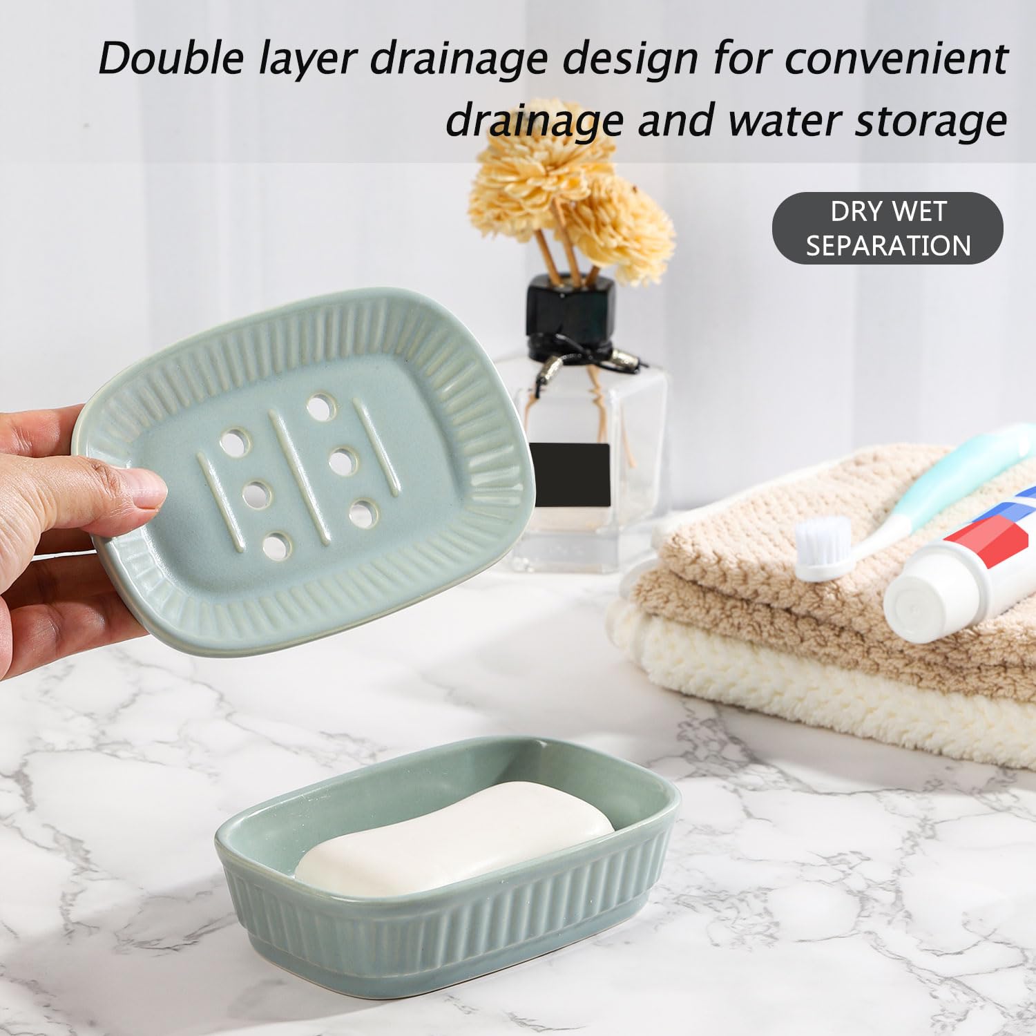 Vanenjoy Green Ceramic Soap Dish, Self Draining Soap Dish For Kitchen Sink, Decorative Bathroom Soap Dish, Kitchen Sponge And So