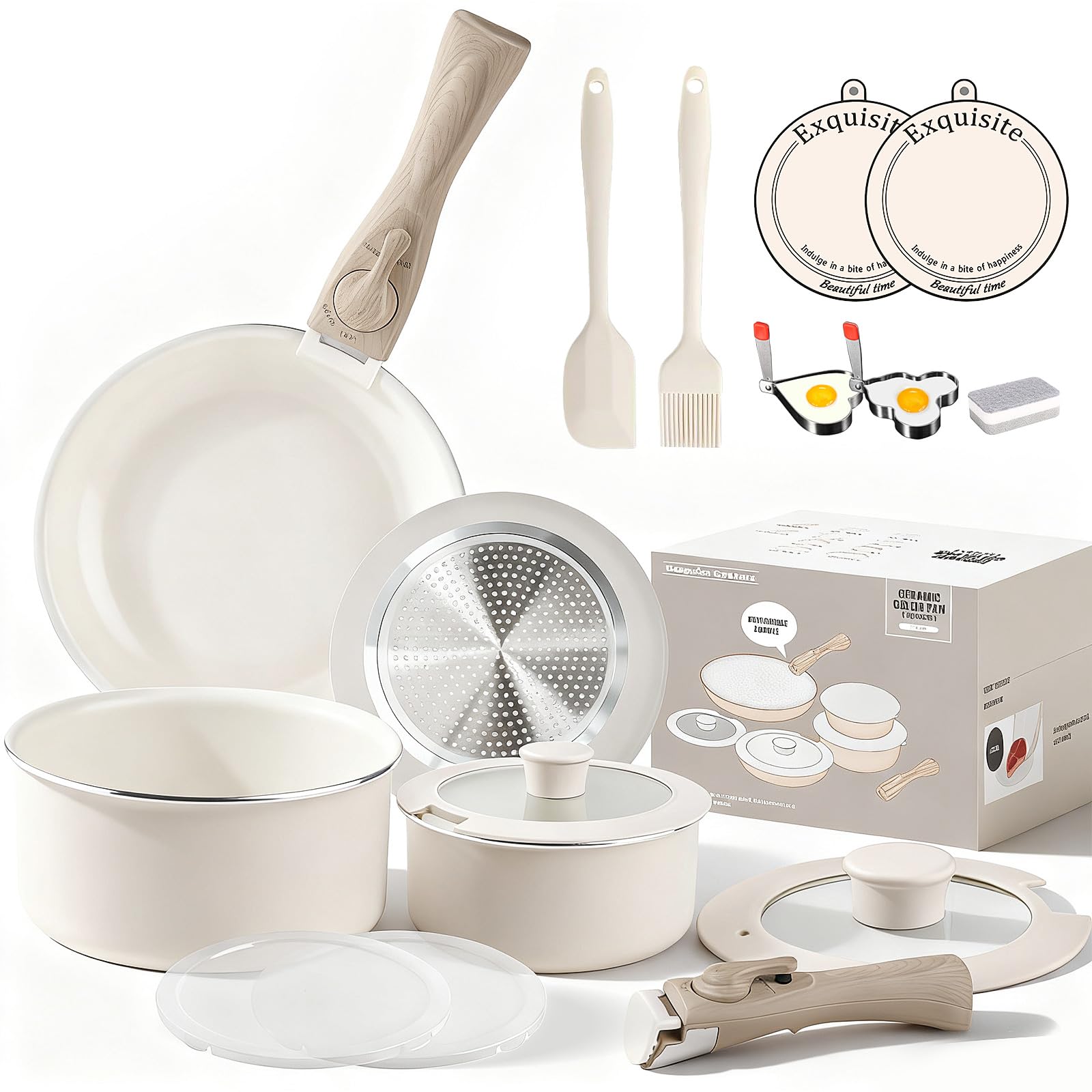 Heapsion 18Piece Ceramic Nonstick Cookware Set, PFAS/PFOA/PTFEFree & NonToxic Pots and Pans Set with Detachable Handles, Dish