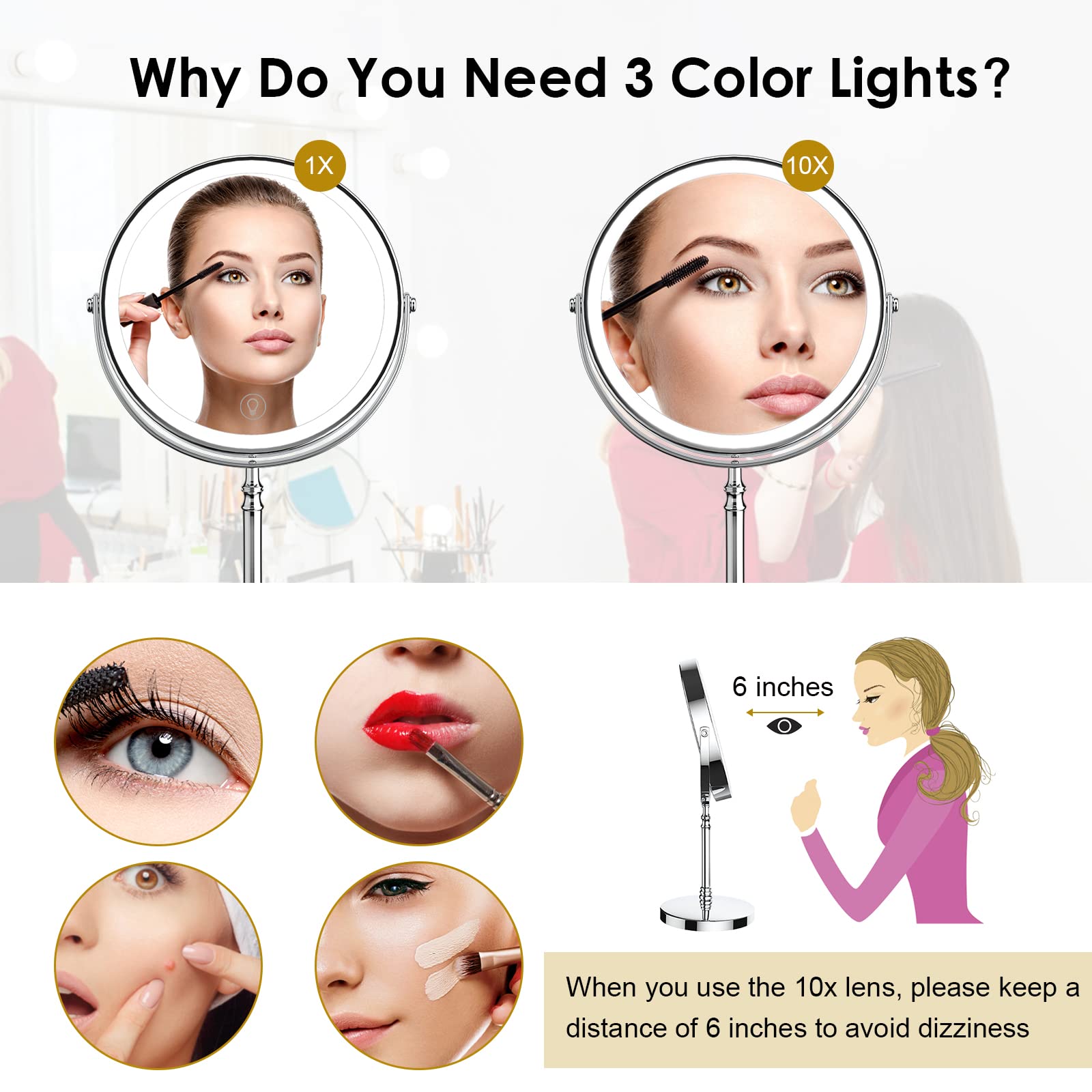 Lighted Makeup Mirror, 8'' Rechargeable Double Sided Magnifying Mirror With 3 Colors, 1X/10X 360 Rotation Touch Screen Vanity Mi