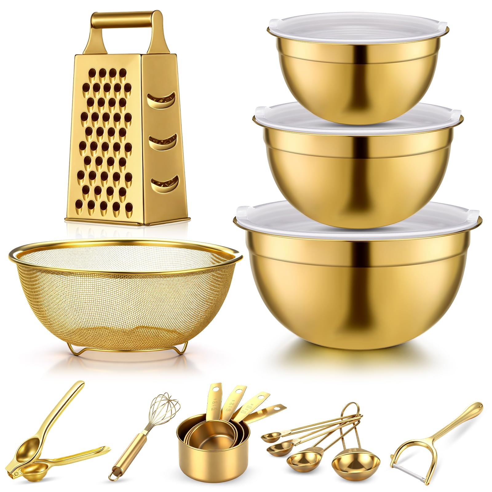 LemonRoad 10 Pcs Gold Kitchen Accessories Set, Includes Gold Mixing Bowls with Airtight Lids, Stainless Steel Colander, Grater S