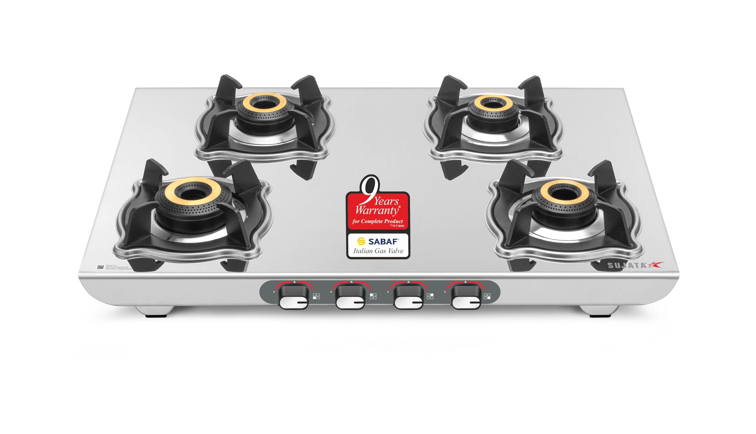Sujata Majestic Manual Ignition Gas Stove | 9 Years Warranty | Gas Stove 4 Burners Steel Body, 4 Burner Stove, Sabaf, Isi Certif