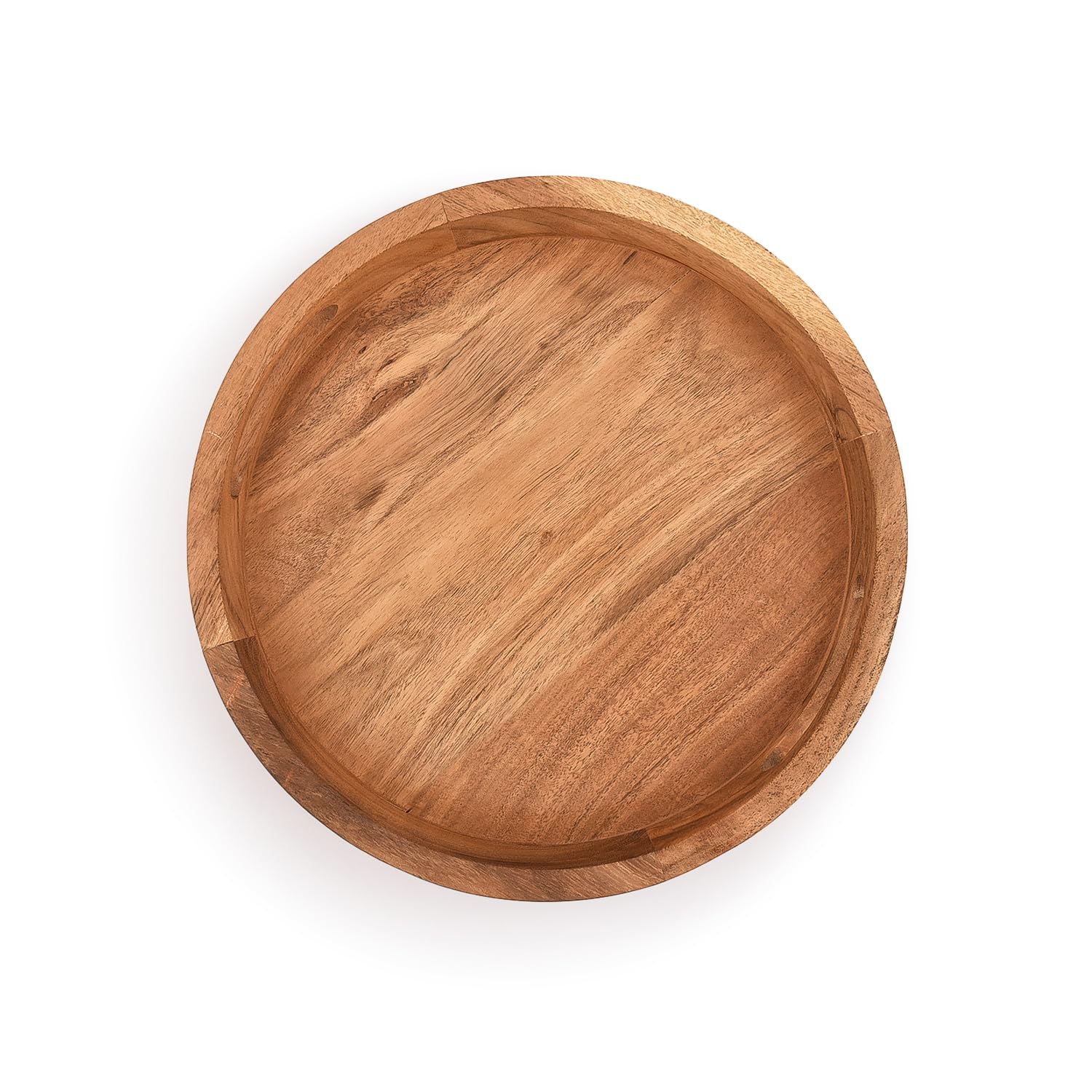 Samhita Round Serving Acacia Wooden Tray With Handles For Serving Beverages & Food On Bar Living Room Home Dining Table (12'' X