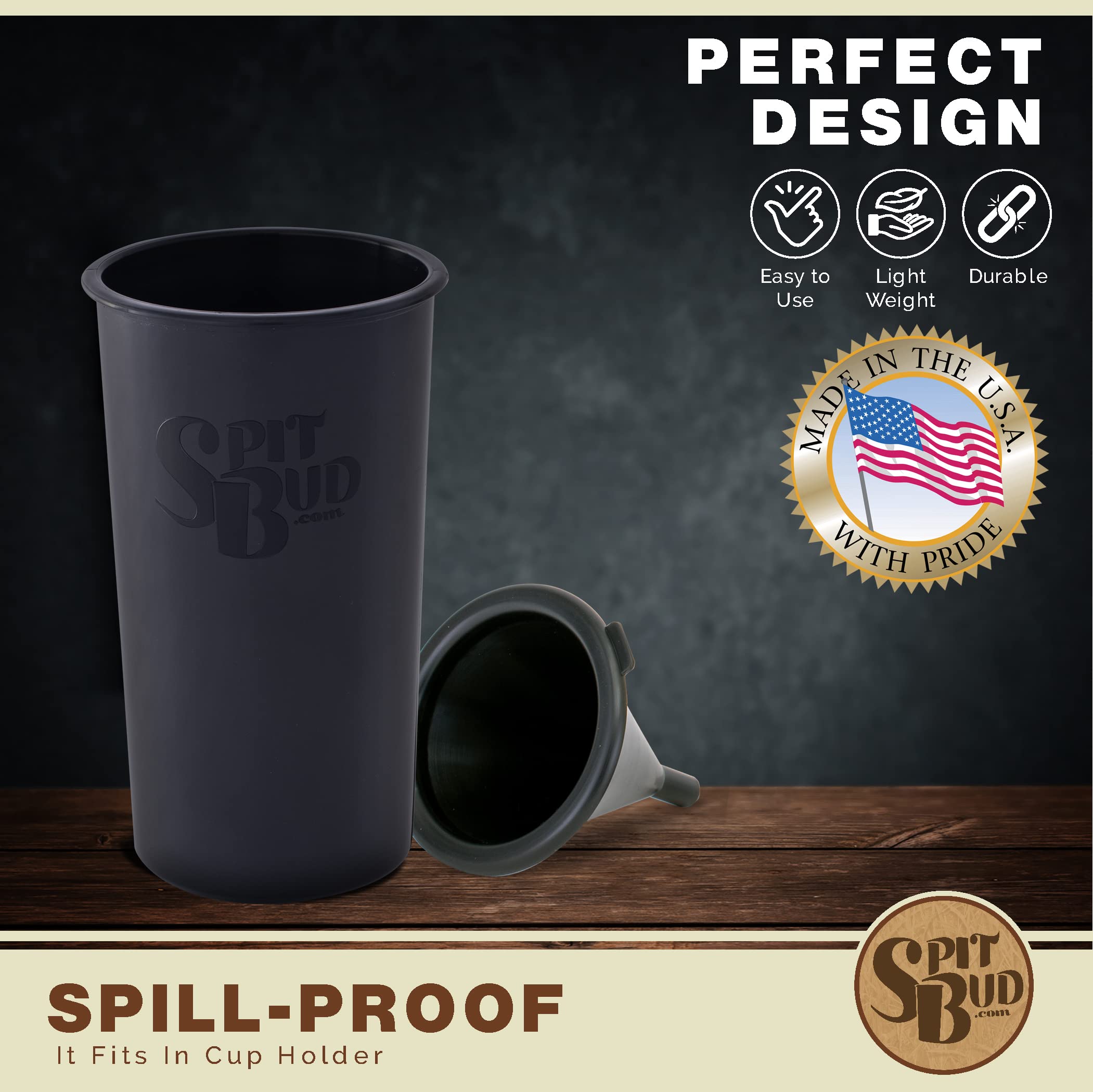 Spit Bud Original Black The Ultimate Spittoon For Chew - Portable Dip & Snuff Cup With Lid, Pop Tab, Spill-Proof Funnel - Fit In