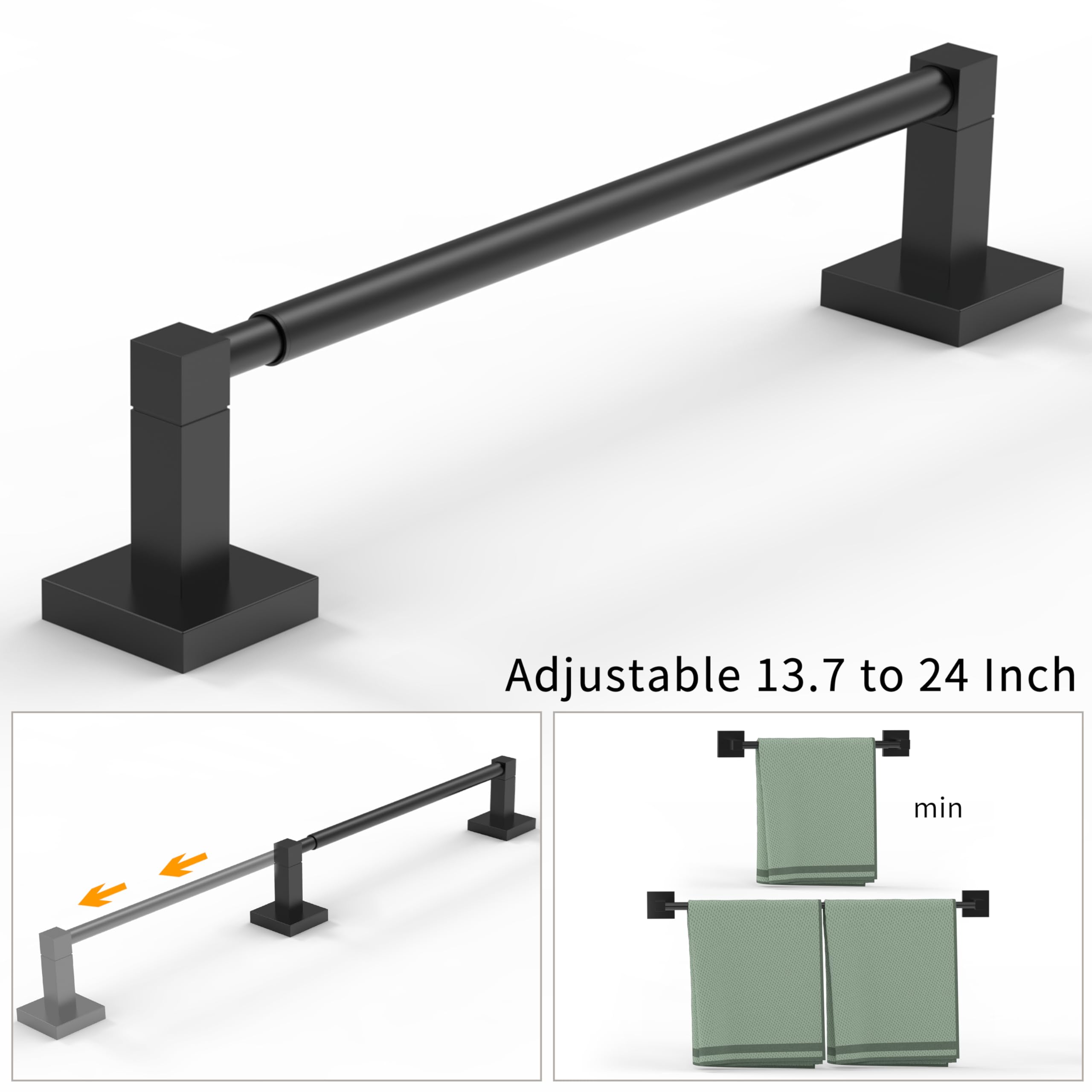 Ruacq Adjustable Towel Bar 13.8 To 24 Inch,Square Base Single Towel Racks For Bathroom,Stainless Steel Towel Holder Wall Mounted