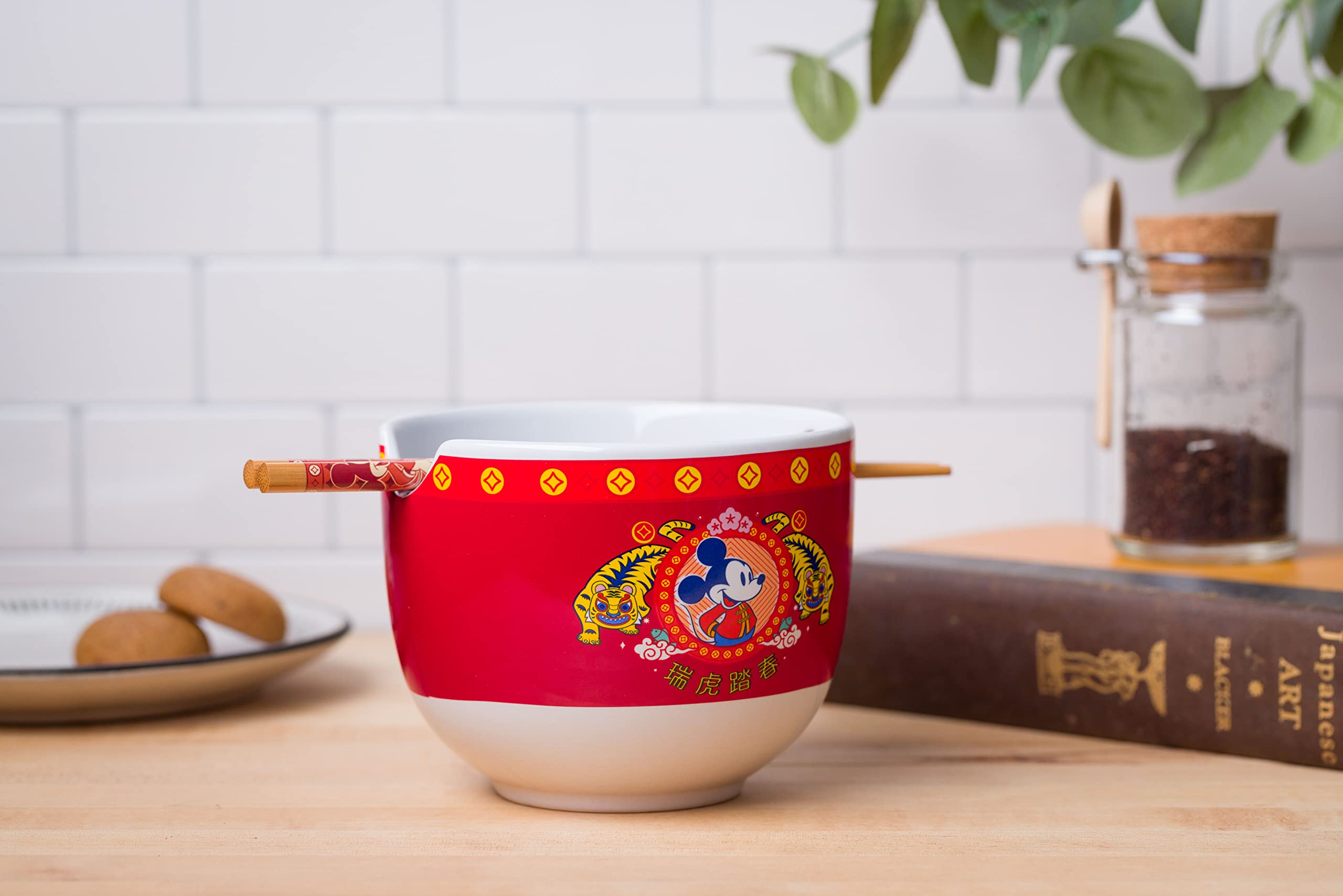 Silver Buffalo Disney Mickey Mouse Lunar Chinese New Year Tiger Ceramic Ramen Noodle Rice Bowl with Chopsticks  Microwave Safe  20 Ounces