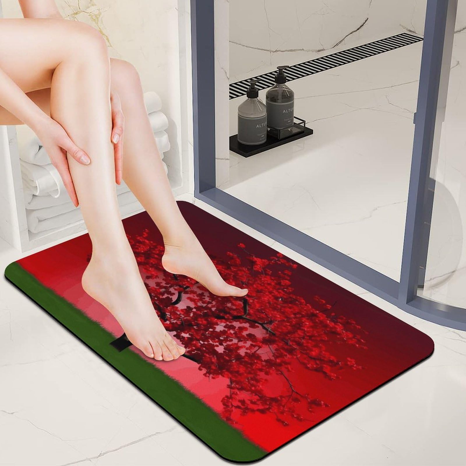 Diatomaceous Earth Door Mats 20x32 Ultra Thin Bath & Shower Mat Non-Slip Fast Absorbing Outdoor Red Cherry Blossom Doormats Quic