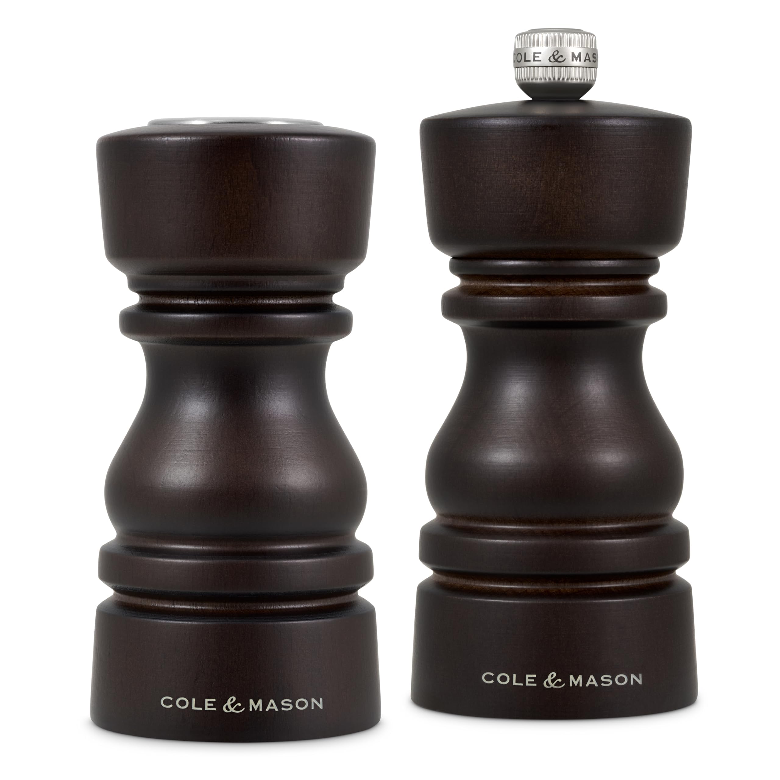 Cole & Mason London Wooden Shaker Gift Set - Refillable Salt & Pepper Grinder with Adjustable Grinding Mechanism - Chocolate Woo