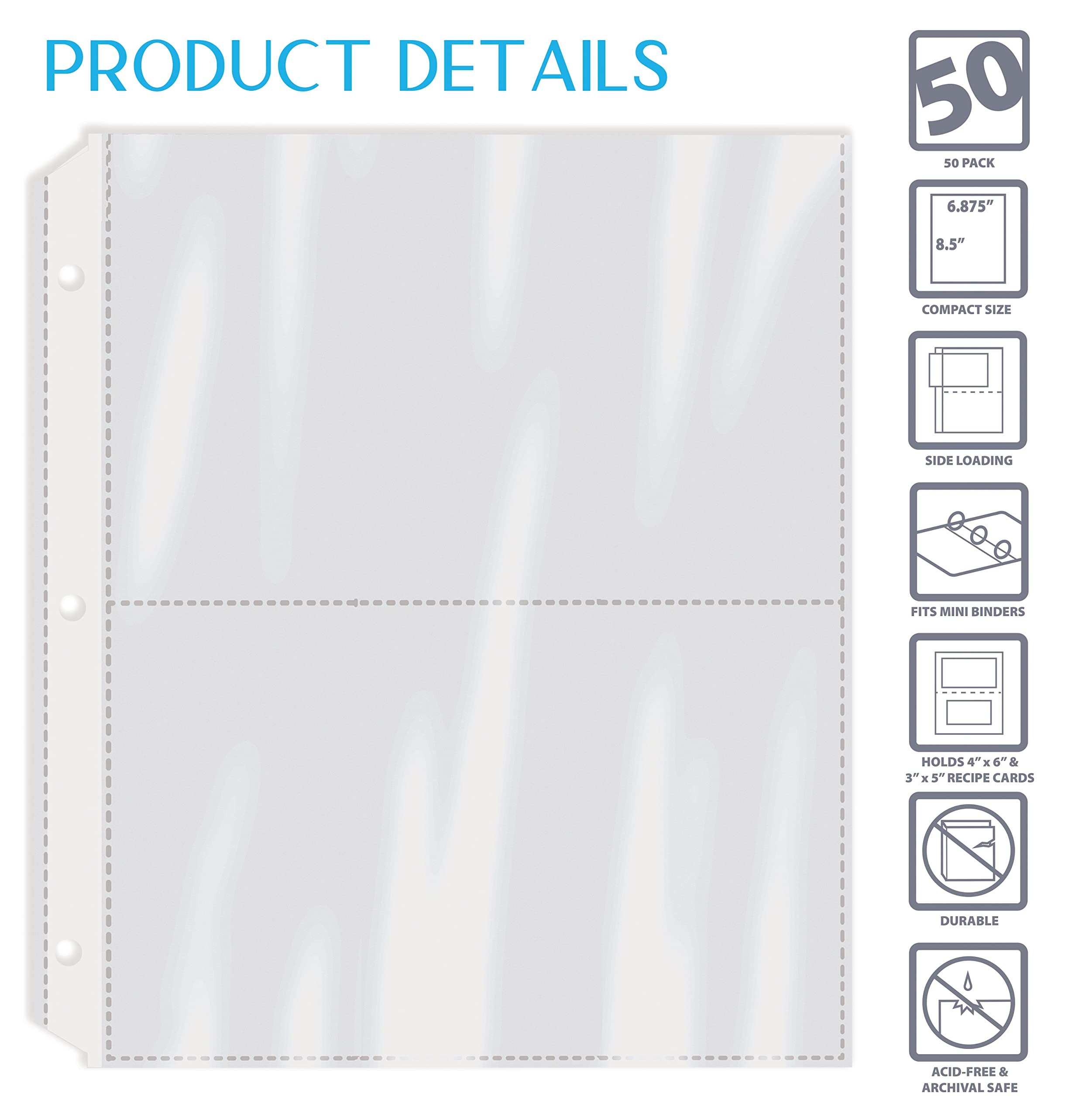 Better Kitchen Products Recipe Card Page Protectors, 50 Count, 4 X 6 Inch Pockets, 2 Pockets Per Page, (For Medium Size 8.5''X 9