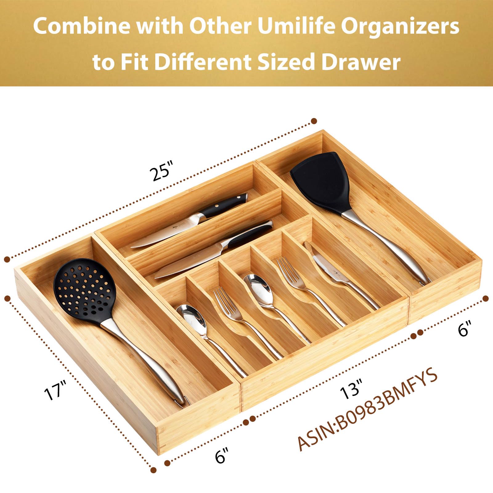 Umilife Bamboo Kitchen Utensils Organizer, Extra Long High Silverware Drawer Holder, Flatware Cutlery Storage Box, Multi-Use Dra